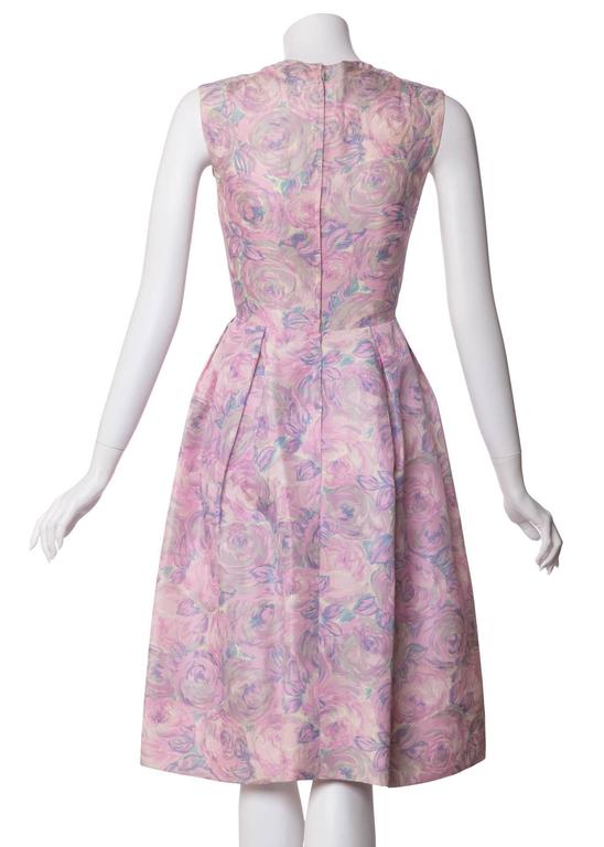 1950s Hattie Carnegie Silk Fl Print Watercolor Nipped Waist 1950s Hattie Carnegie Silk Fl Print Watercolor Nipped Waist Dress In Excellent Condition For