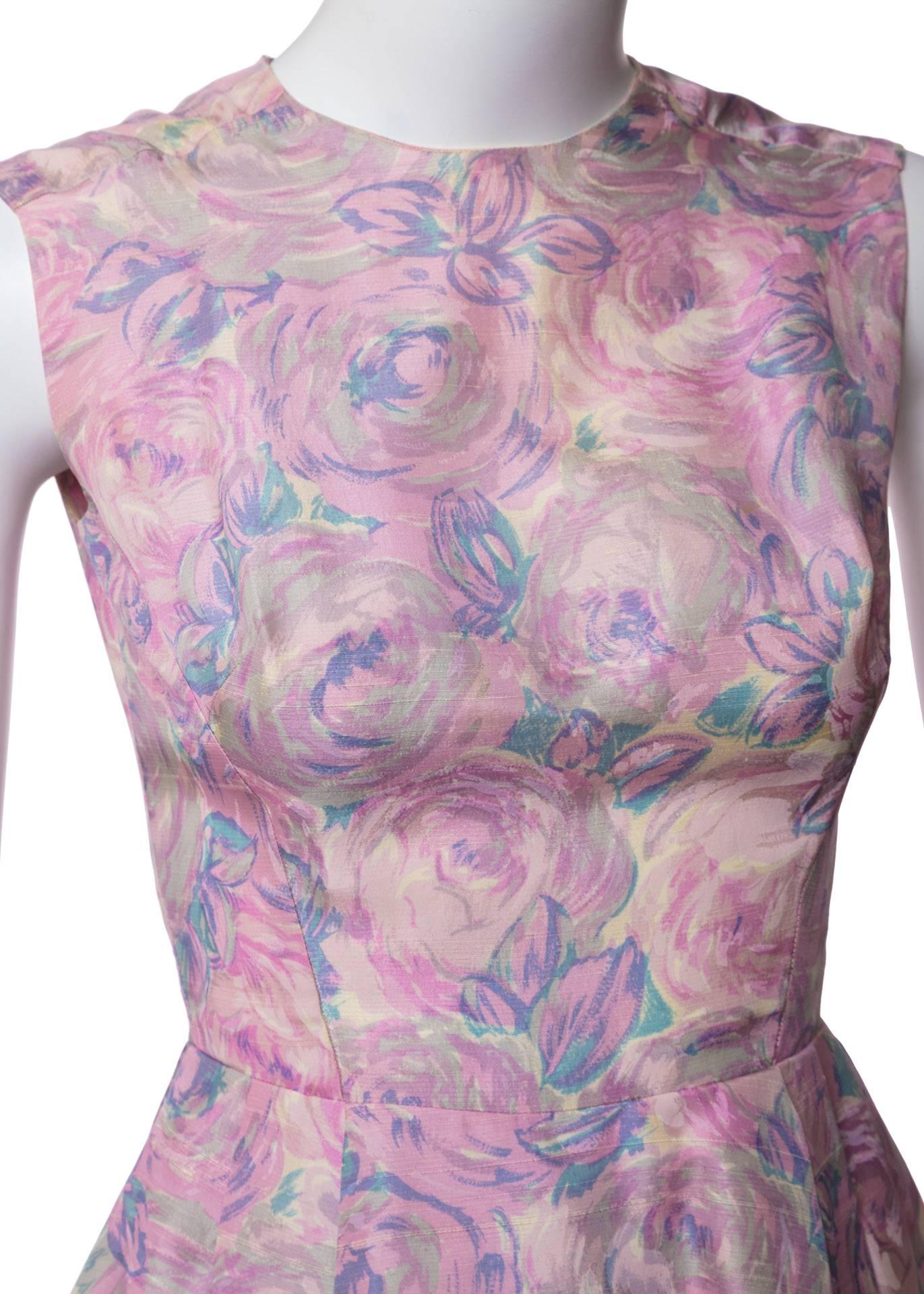 1950s Hattie Carnegie Silk Floral Print Watercolor Nipped Waist Dress ...