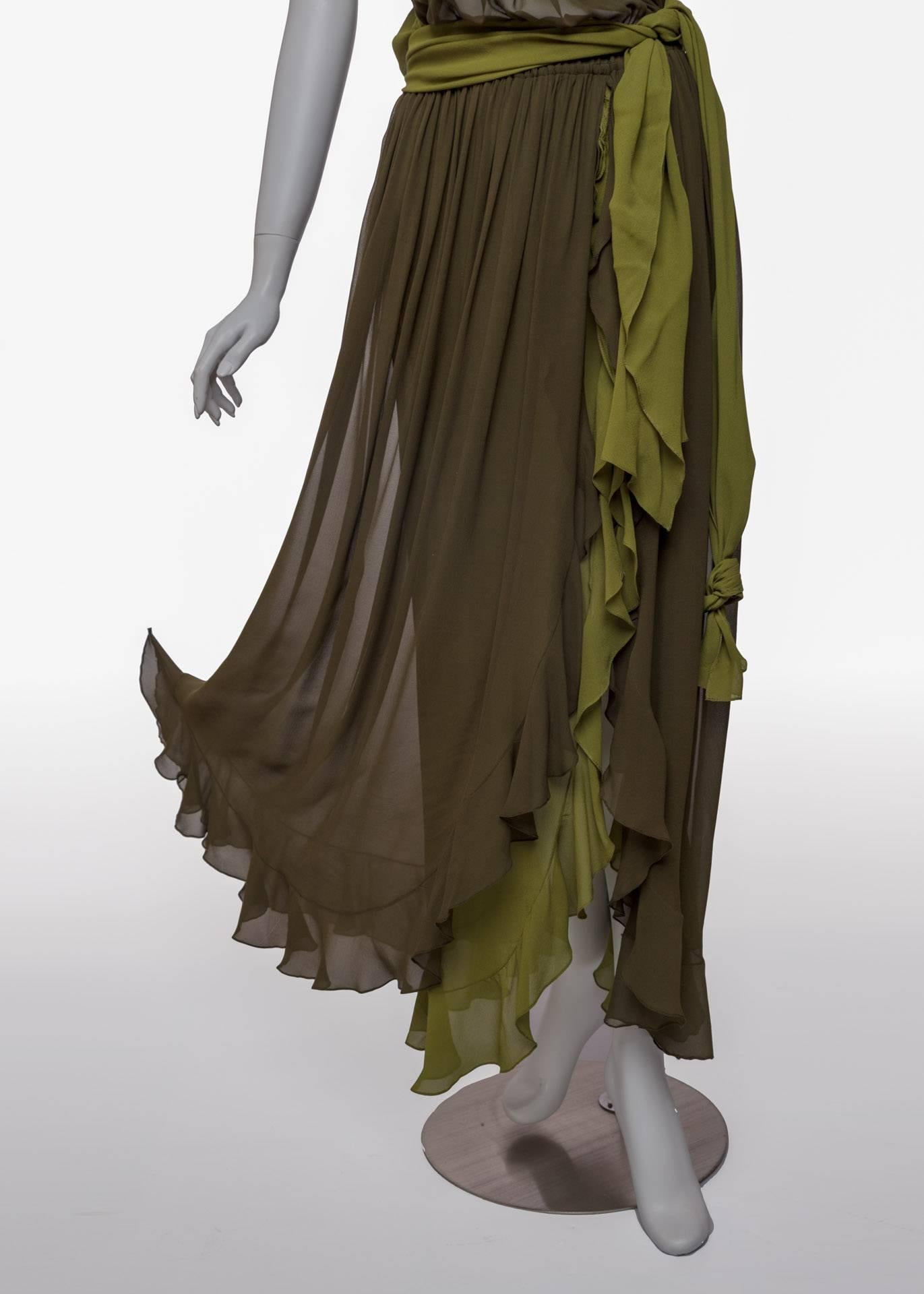Black Vintage  Yves Saint Laurent Green Silk Chiffon Ruffled Goddess Evening Gown YSL