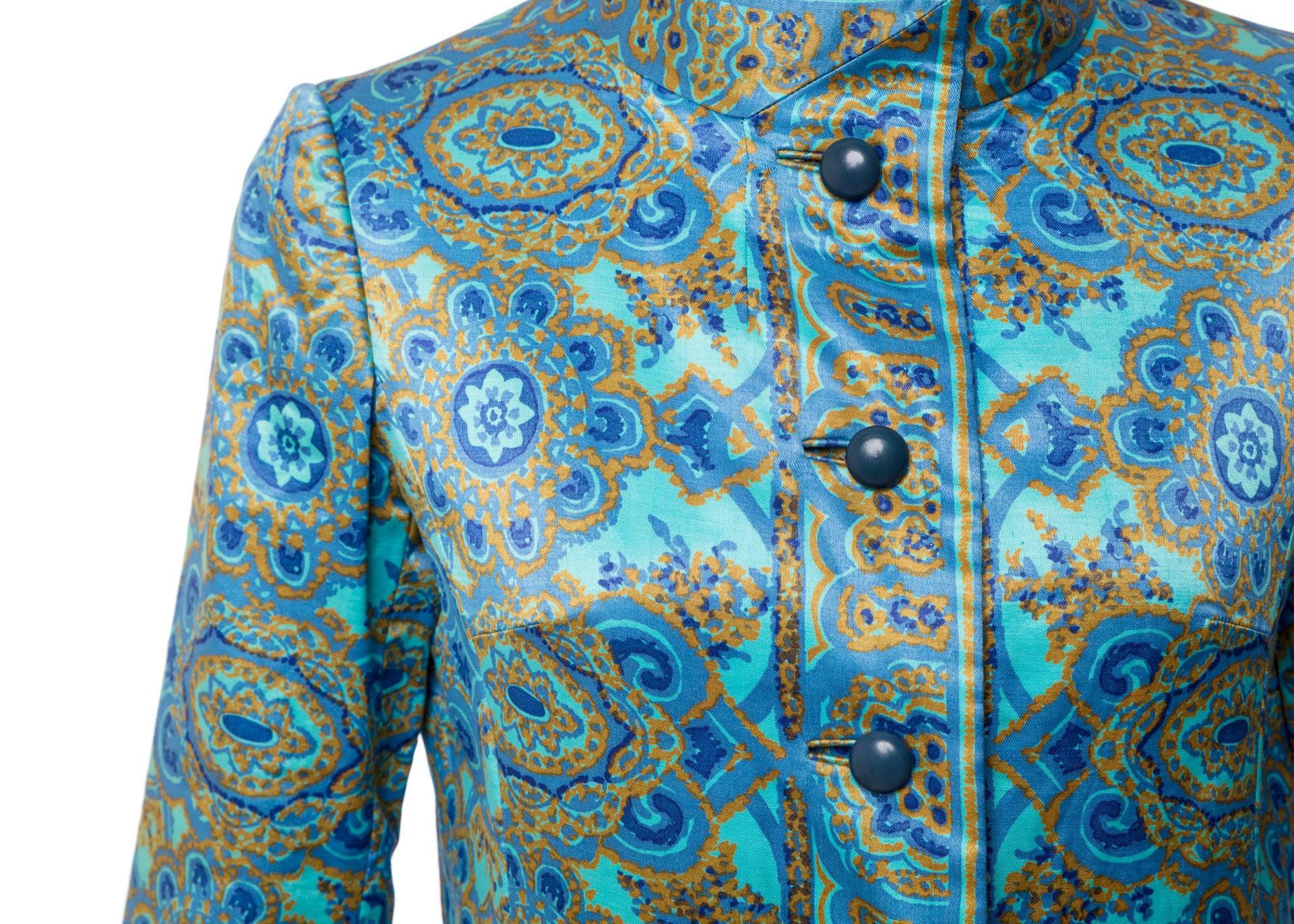 Women's 1960s Christian Dior New York  Demi Couture Blue Stained Glass Silk Evening Coat