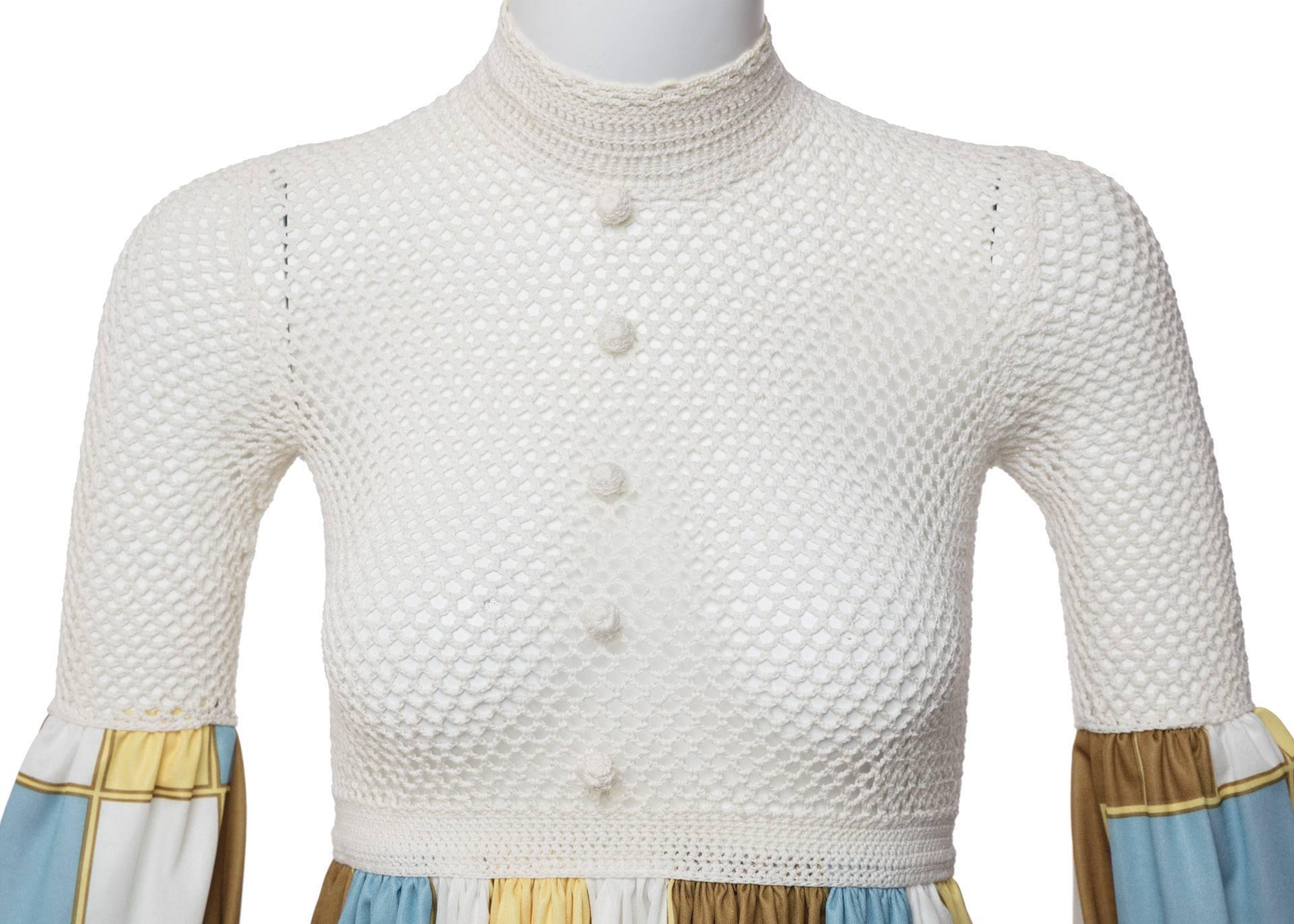 1960s Sally Levison of London Crochet Color Block Jersey Maxi Dress 1
