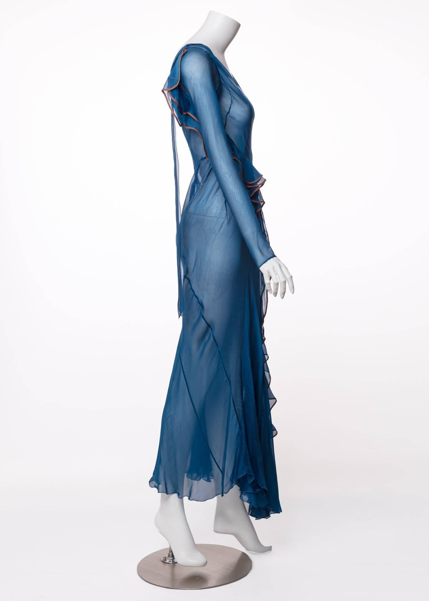  Alberta Ferretti Sheer Silk Lapis Blue Ruffle Draped Maxi Dress  In Excellent Condition In Boca Raton, FL