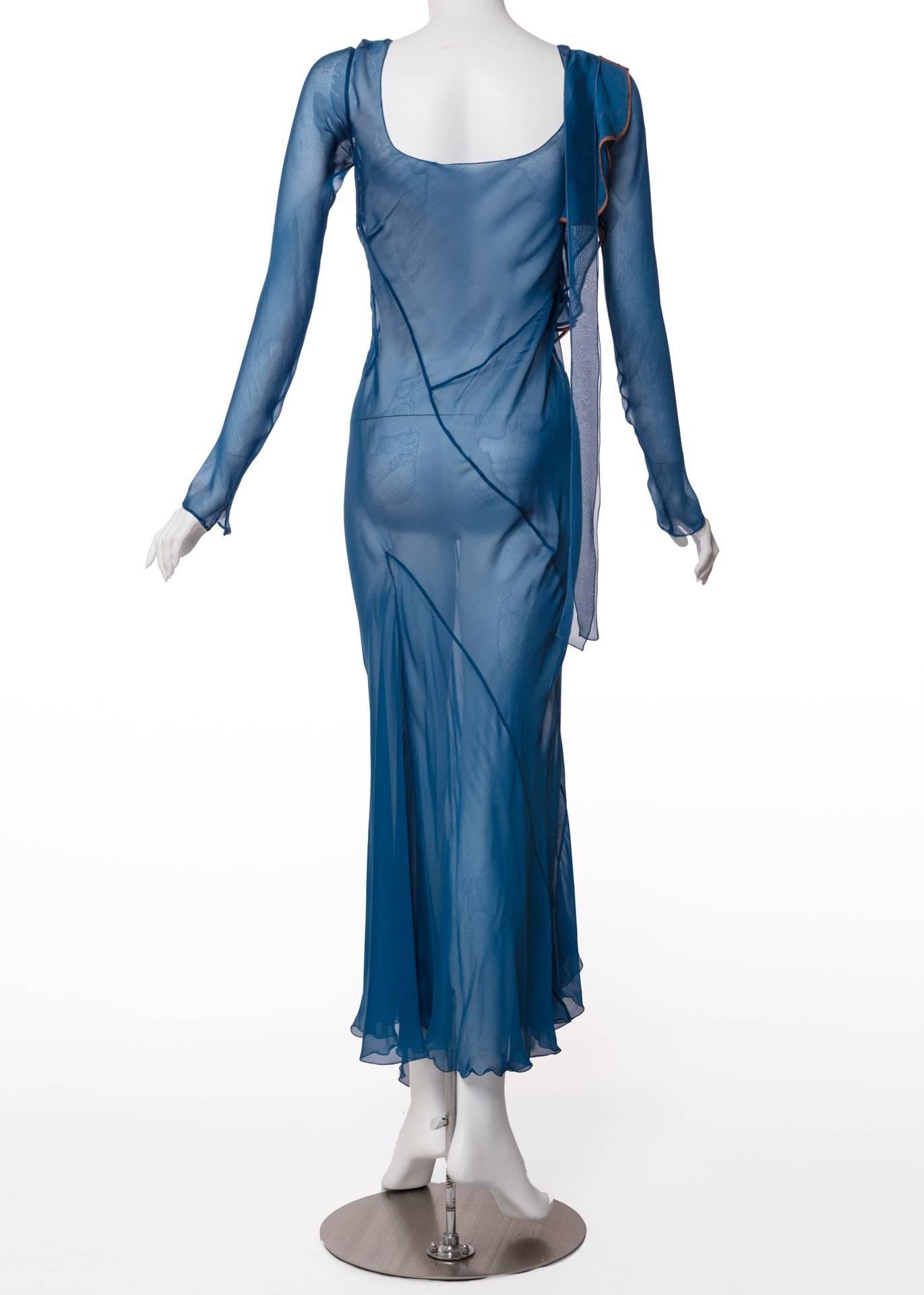 Women's  Alberta Ferretti Sheer Silk Lapis Blue Ruffle Draped Maxi Dress 