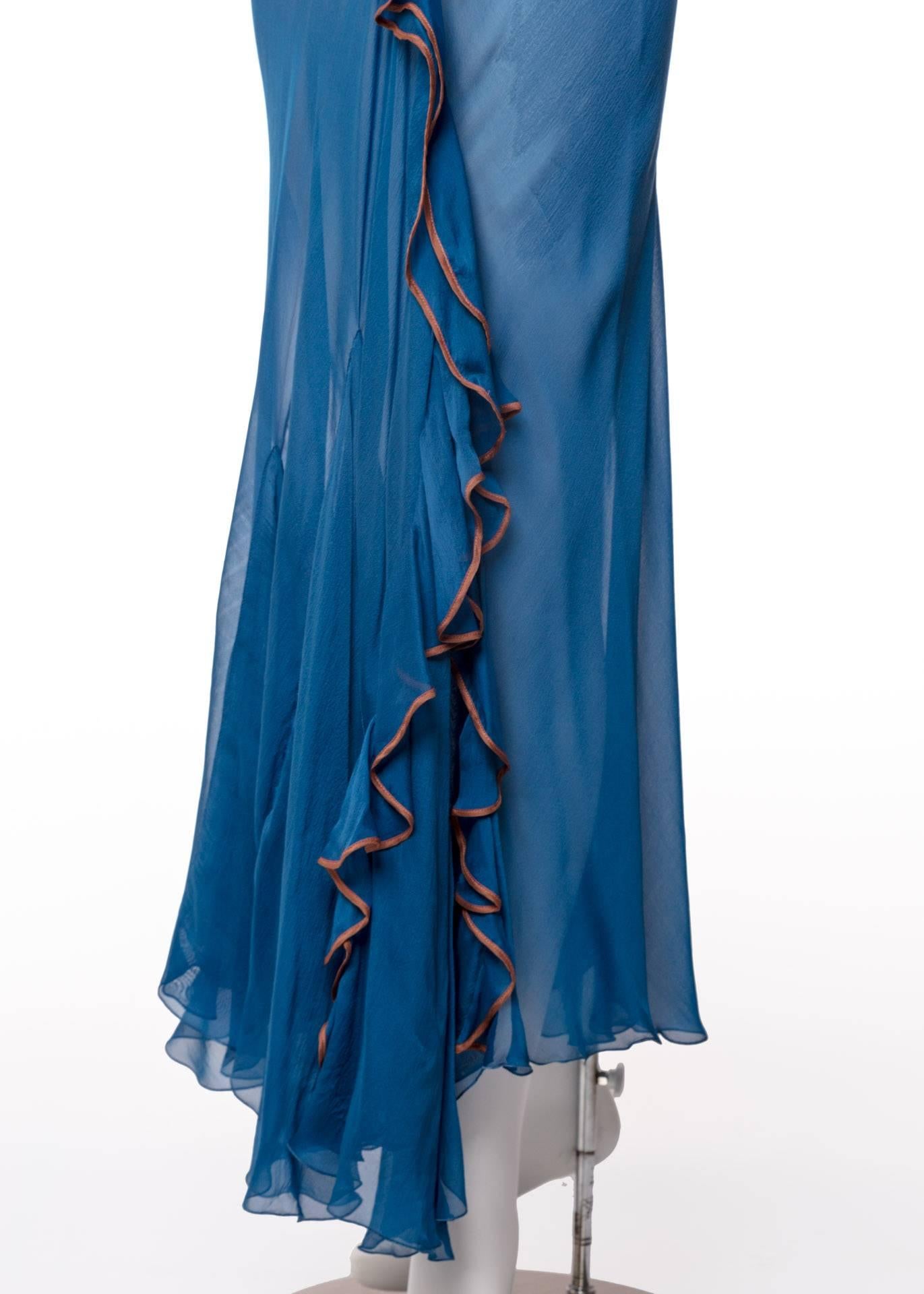  Alberta Ferretti Sheer Silk Lapis Blue Ruffle Draped Maxi Dress  1