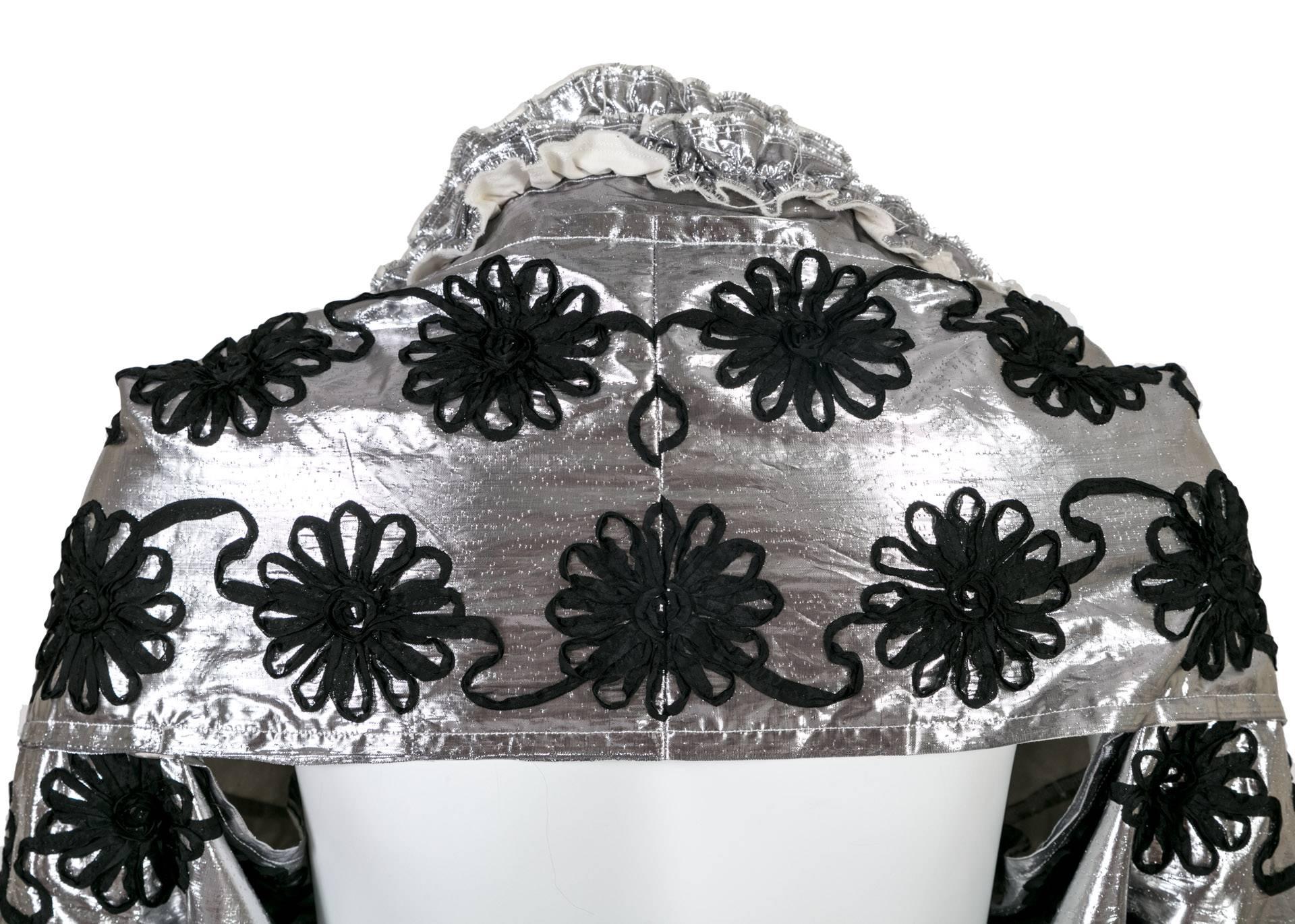 Women's Comme Des Garcons  Cropped Silver Floral Ribbon Applique Rosette Collar Jacket 