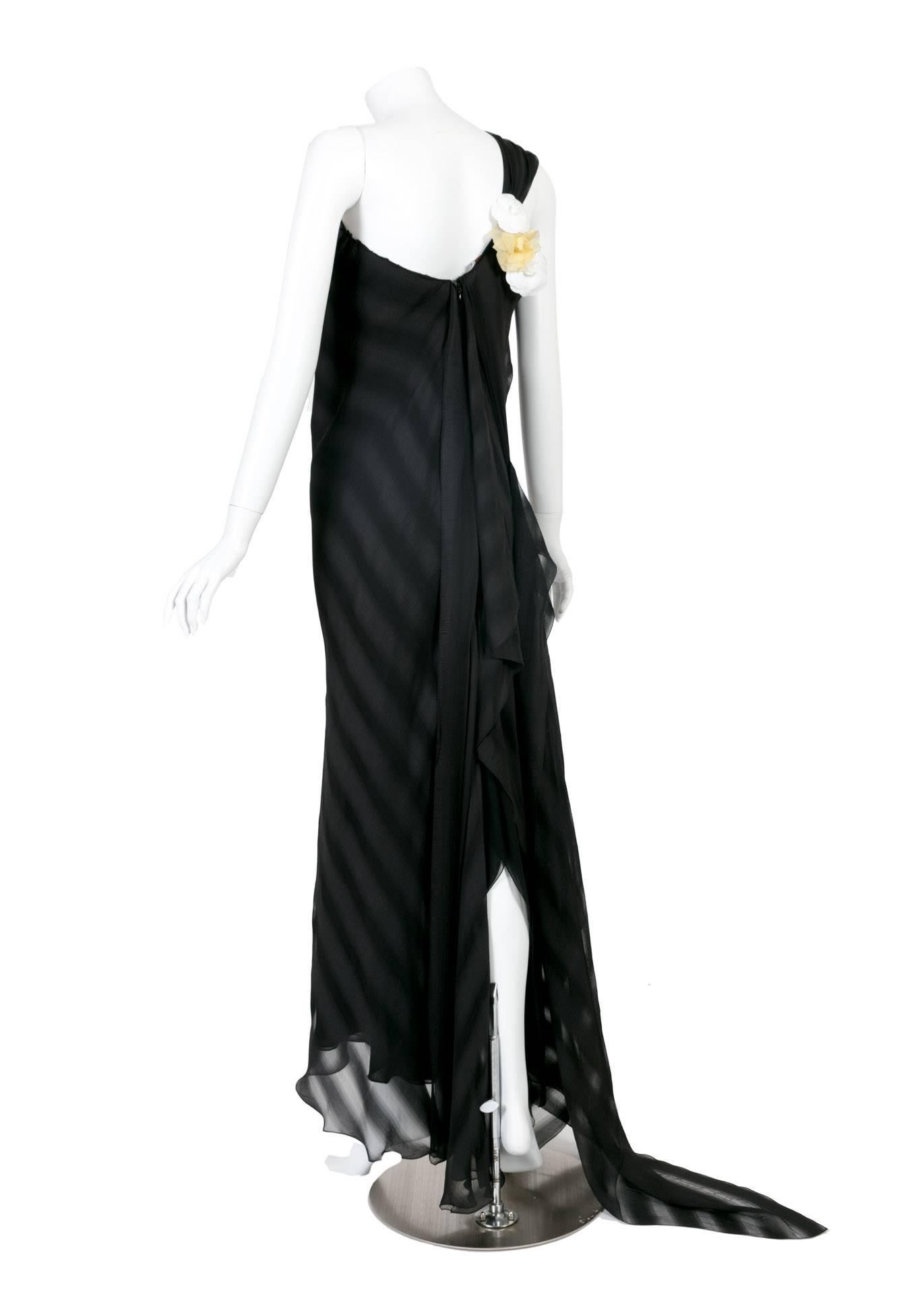  Chloé One Shoulder Black Silk Flowing Train Gown With Chanel Camellia Brooch In Excellent Condition In Boca Raton, FL