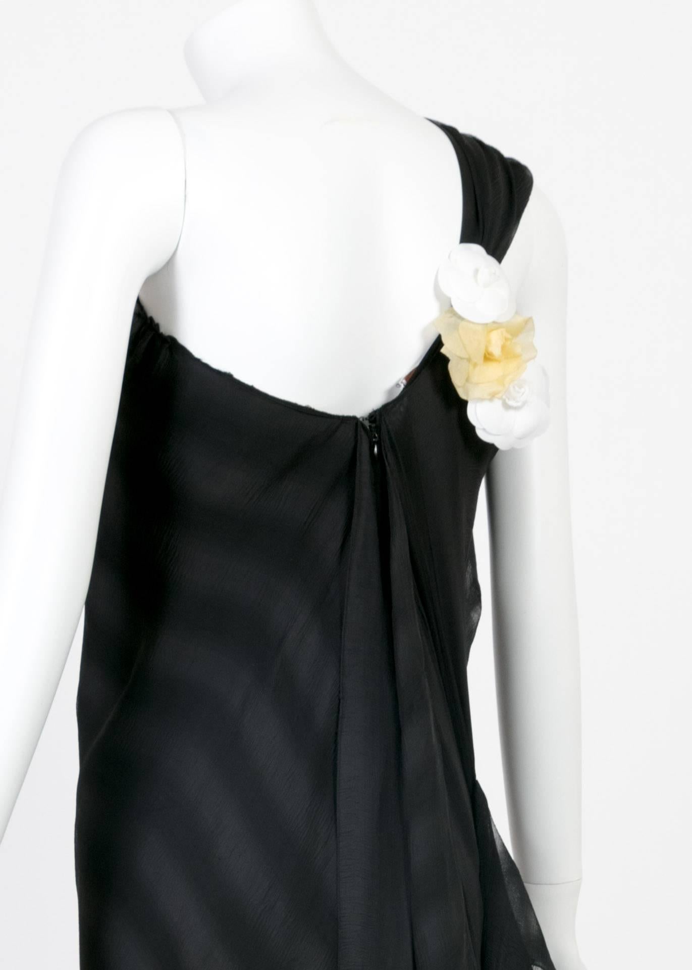 Women's  Chloé One Shoulder Black Silk Flowing Train Gown With Chanel Camellia Brooch