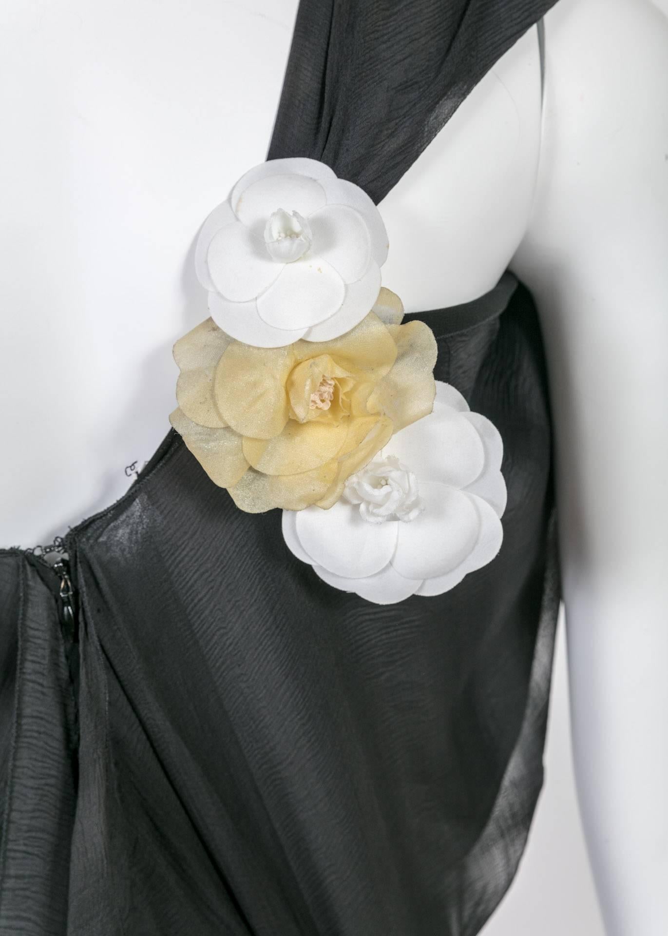  Chloé One Shoulder Black Silk Flowing Train Gown With Chanel Camellia Brooch 1