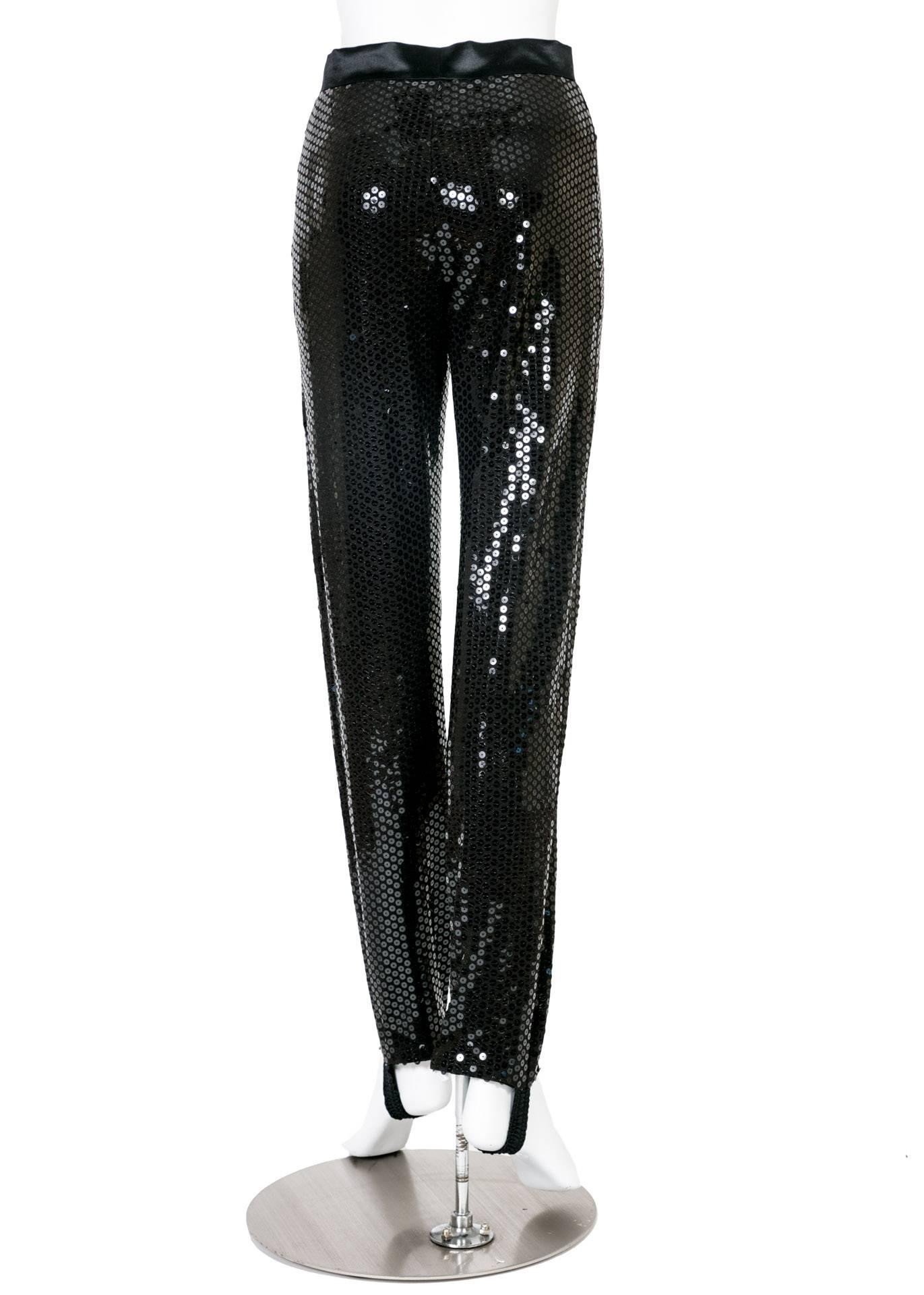 The return of the stirrup pant all over the European runways has put the style back in the spotlight, making this pair designed by Escada in the Eighties an amazing vintage find. Covered in rows and rows of black sequins, the black silk satin