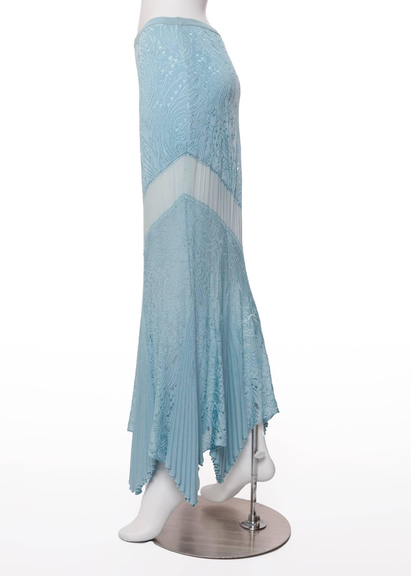 Christian Dior by Galliano Powder Blue Knit Lace  Silk Inset Mermaid Skirt In Excellent Condition In Boca Raton, FL