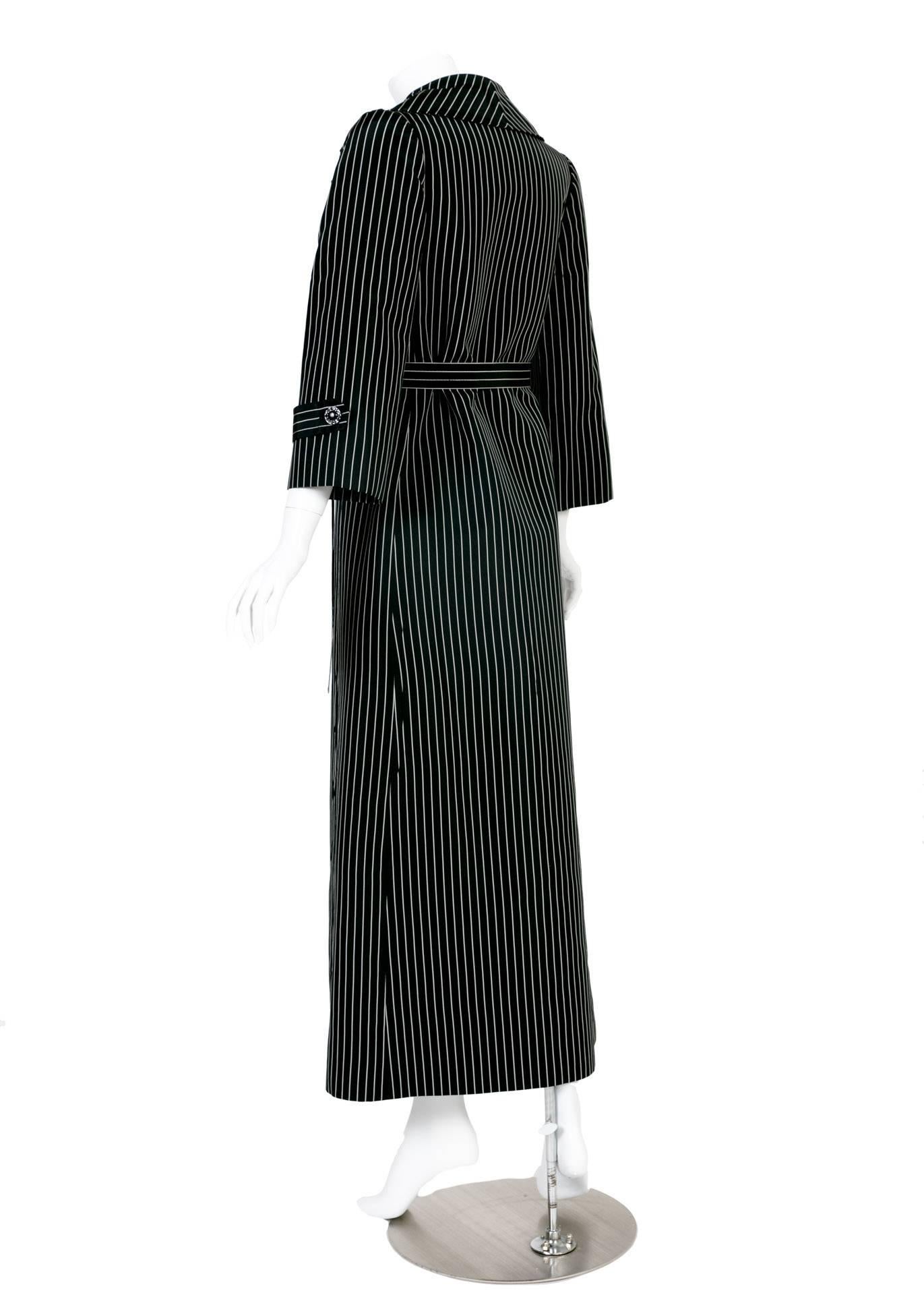 1960s Tiziani Roma by Karl Lagerfeld Black Striped Taffeta Wrap Coat In Excellent Condition In Boca Raton, FL