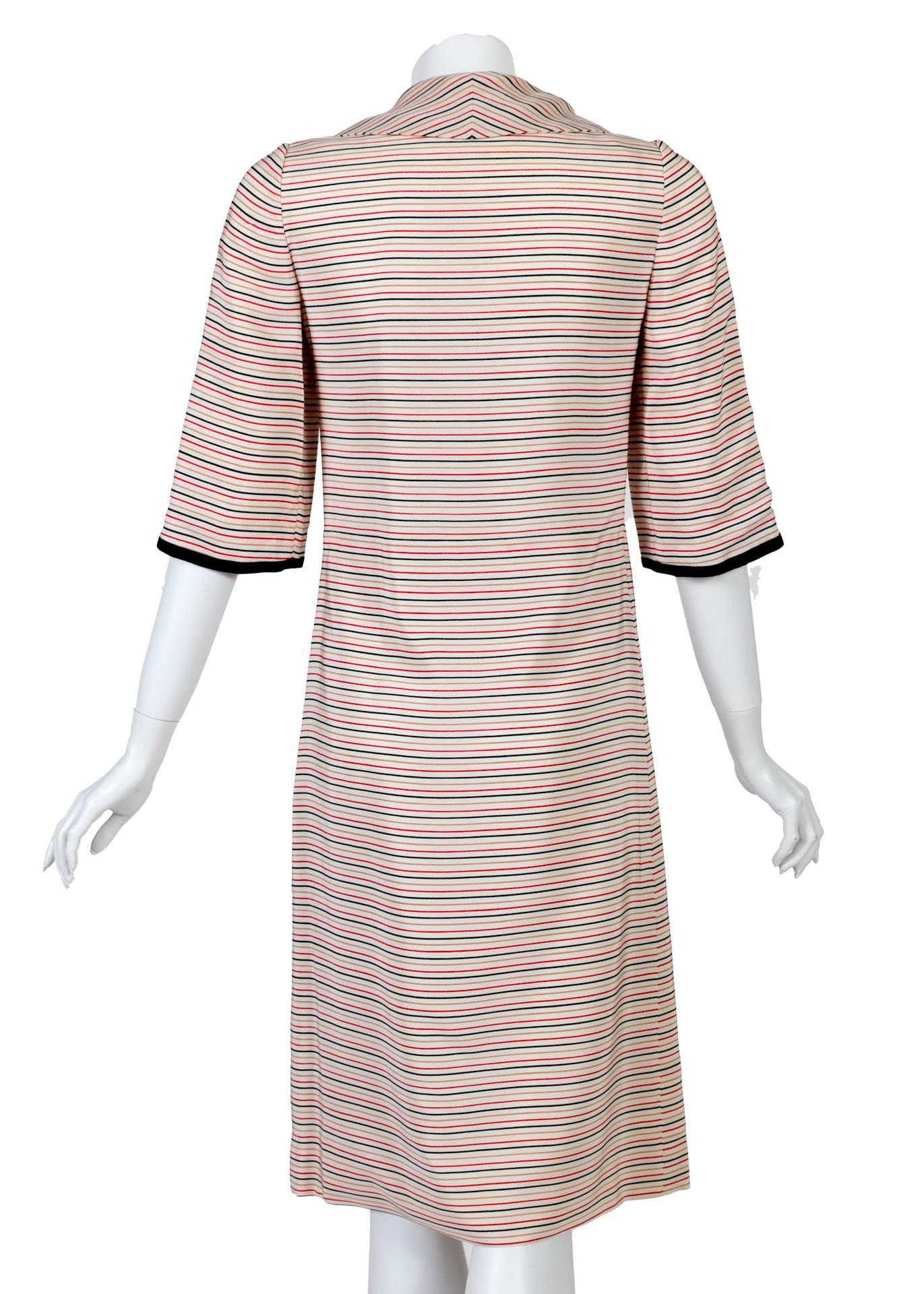 Beige Tiziani Couture By Karl Lagerfeld Ivory Mod Stripe Doll Collar Silk Dress, 1960s
