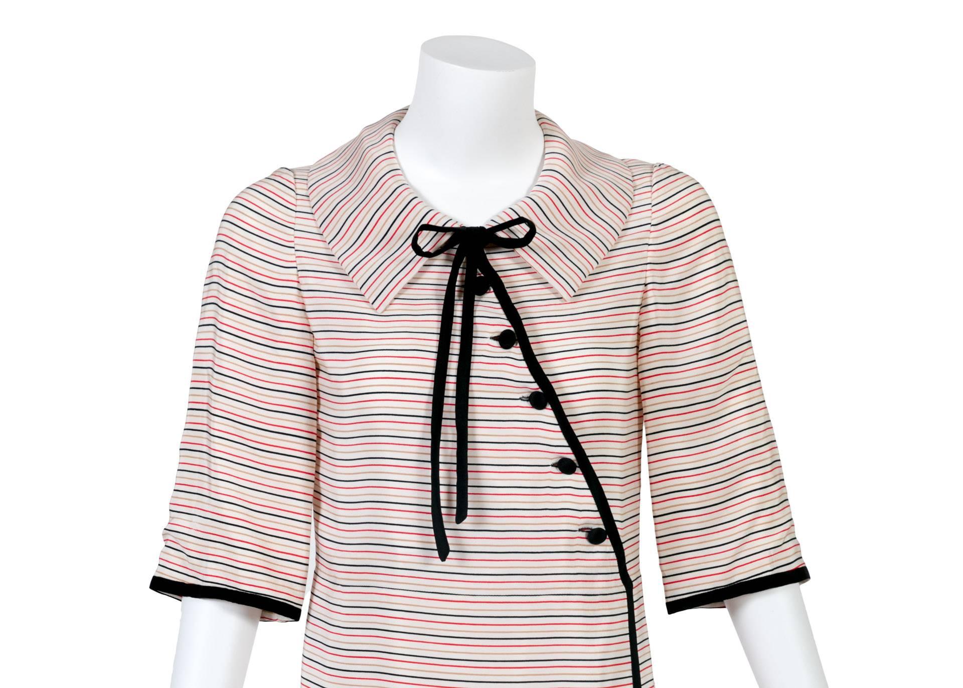 Women's Tiziani Couture By Karl Lagerfeld Ivory Mod Stripe Doll Collar Silk Dress, 1960s