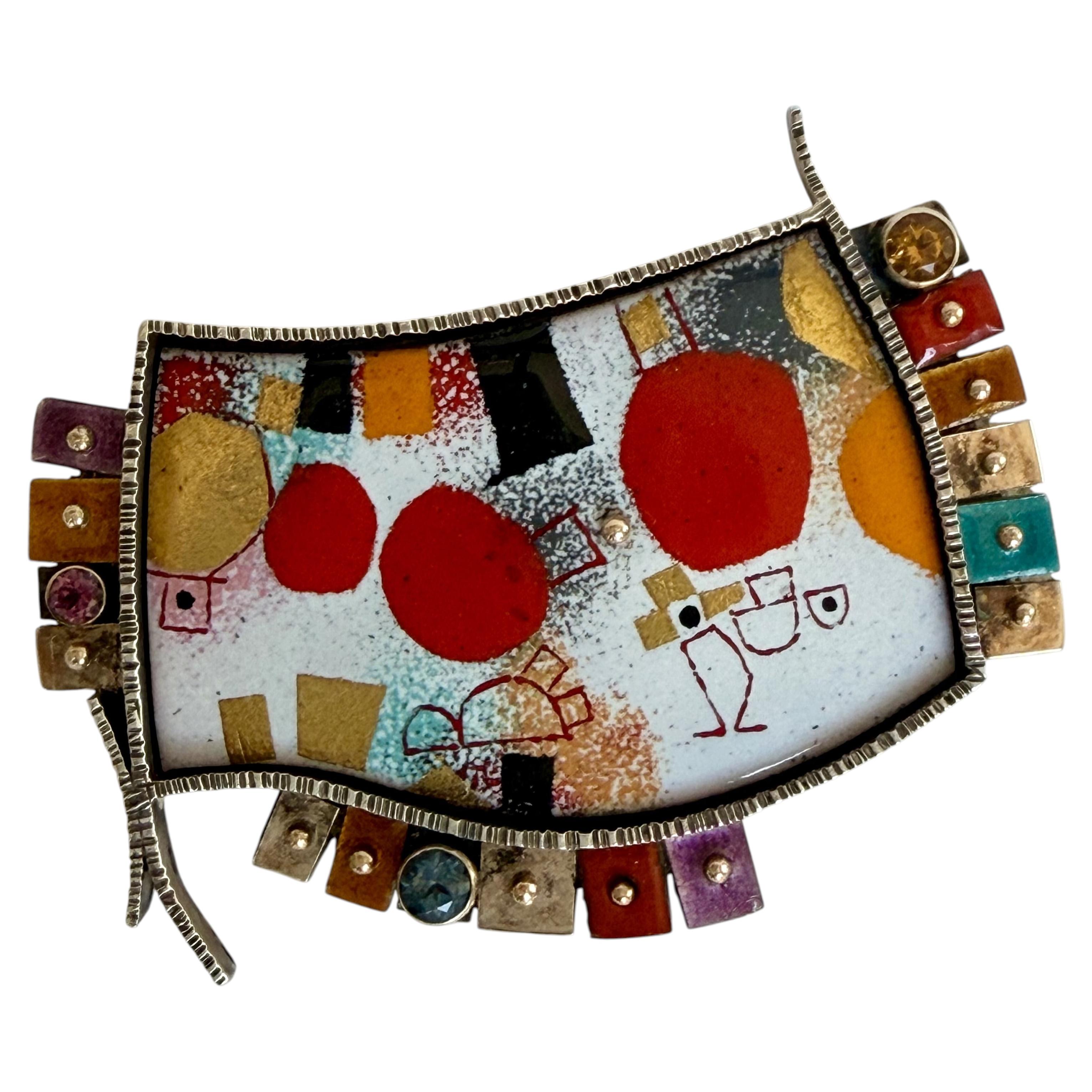 Earl Pardon Sterling Silver 14K Gold Enamel & Gem-Set Modernist Brooch