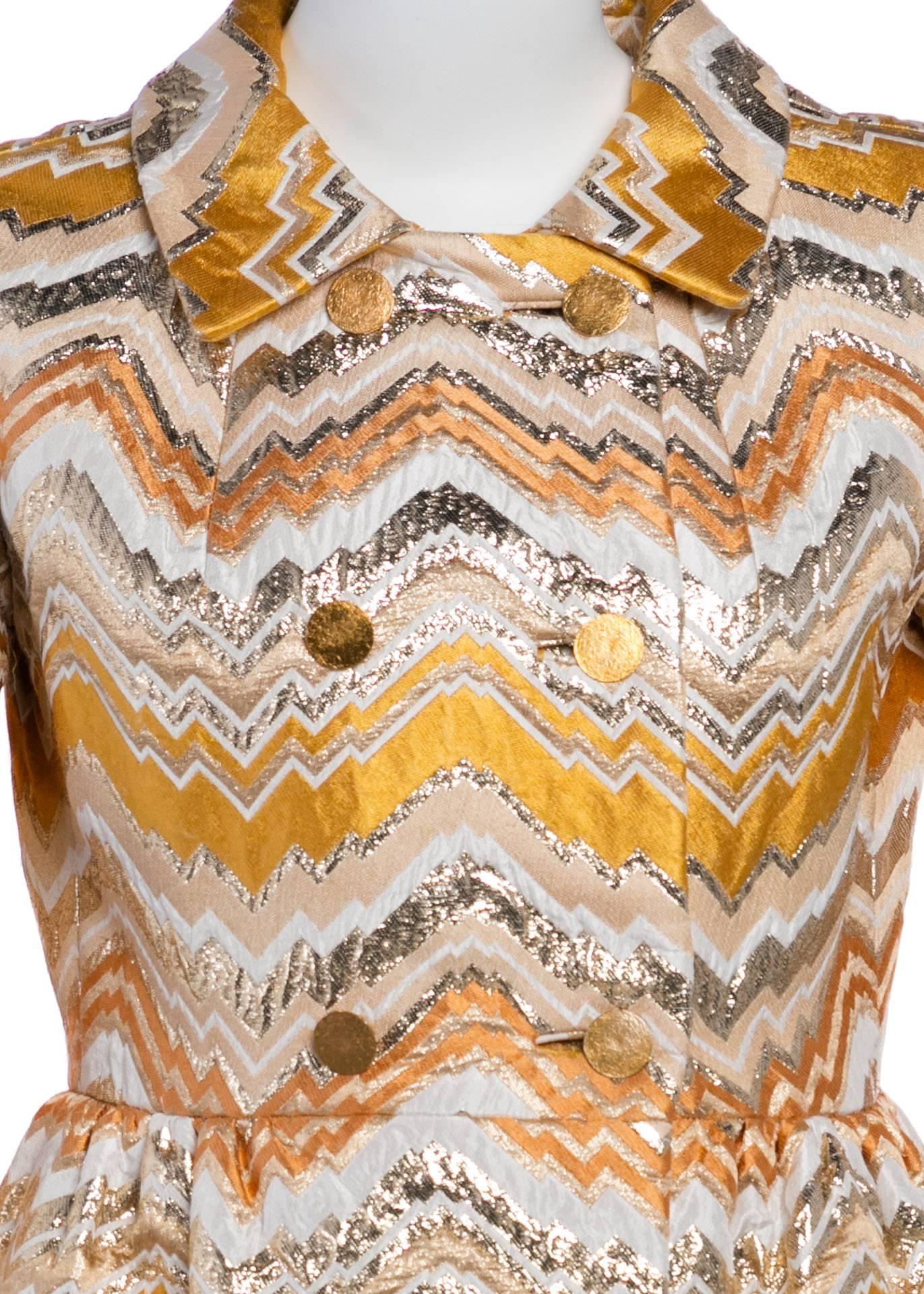 Bill Blass for Maurice Rentner Mod Metallic Zigzag Stripes Coat Dress, 1960s  In Excellent Condition In Boca Raton, FL