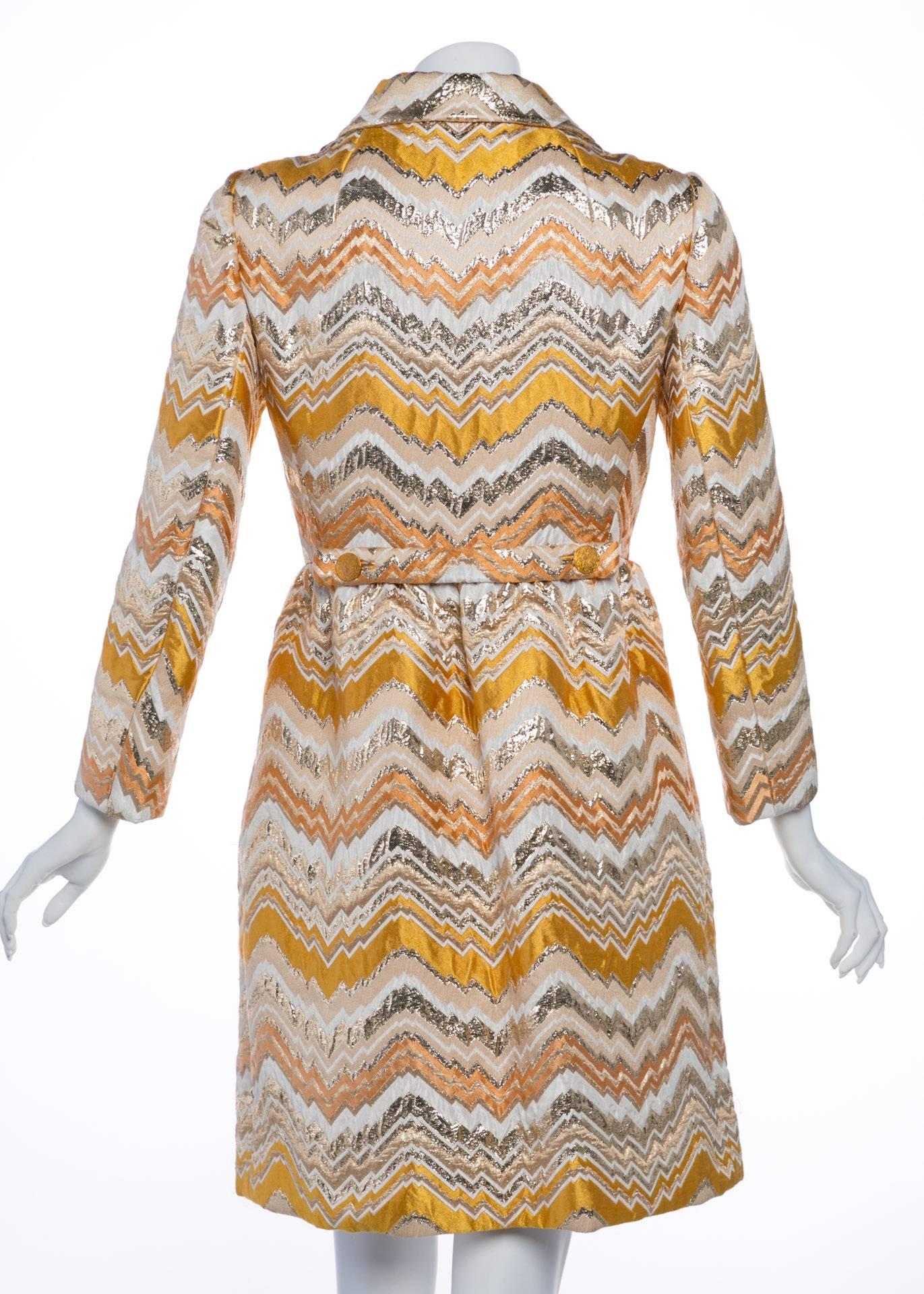 Beige Bill Blass for Maurice Rentner Mod Metallic Zigzag Stripes Coat Dress, 1960s 