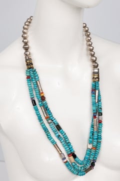 Tommy Singer Navajo Turquoise, Silver & 14K Gold Multi-Strand Necklace