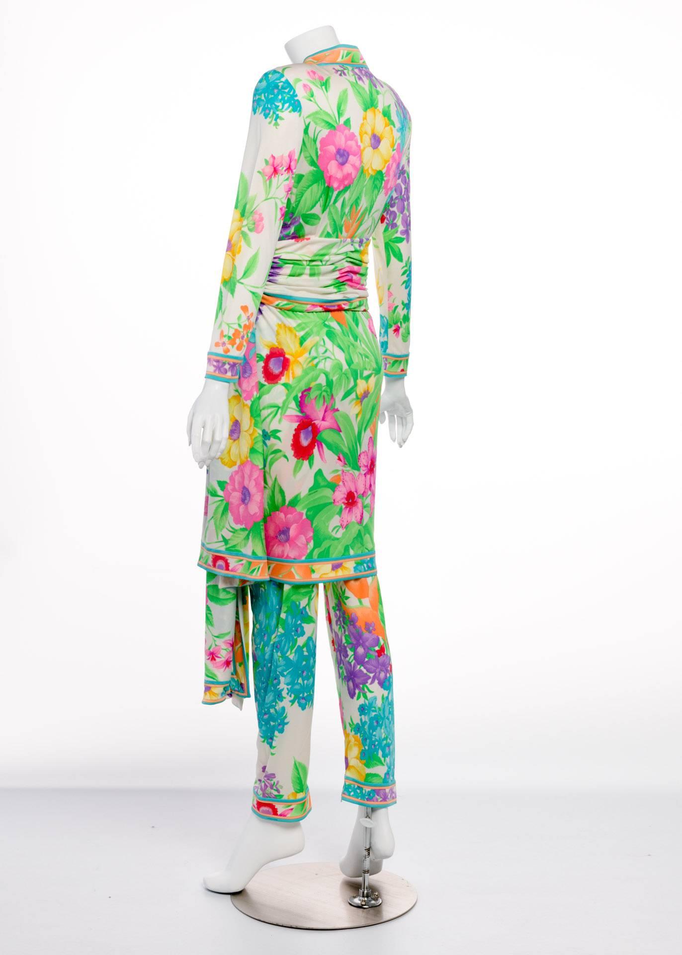 Beige Leonard Paris Silk Jersey Mikado Floral Dress And Pants Set, Vintage 