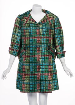 James Galanos Couture Emerald Colorful Print Side Pleat Coat, 1970s