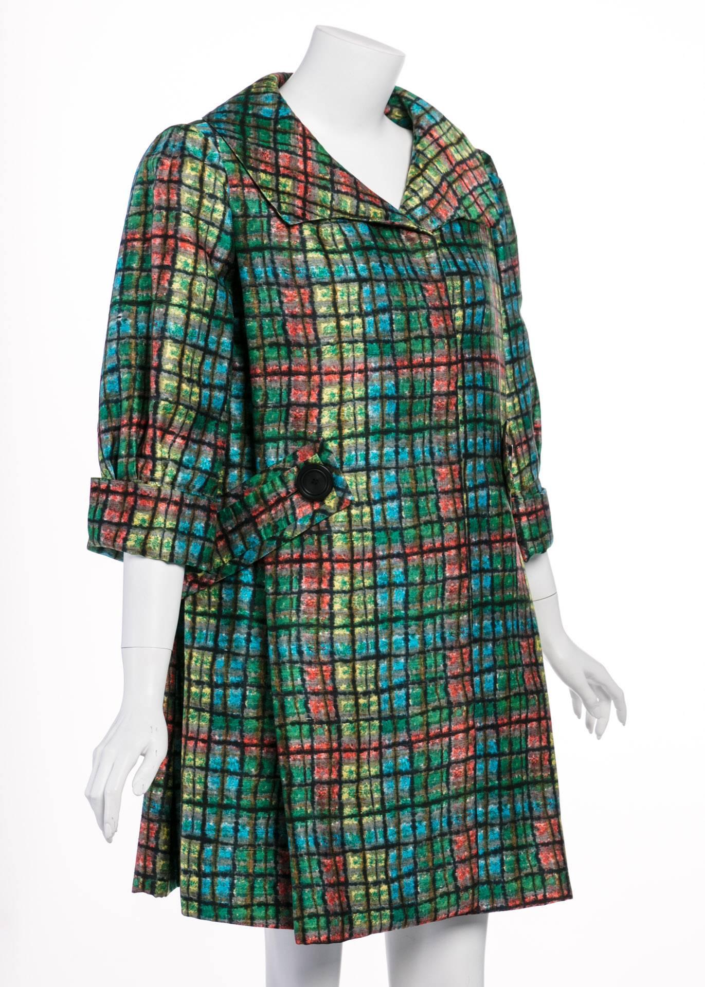Black James Galanos Couture Emerald Colorful Print Side Pleat Coat, 1970s  For Sale