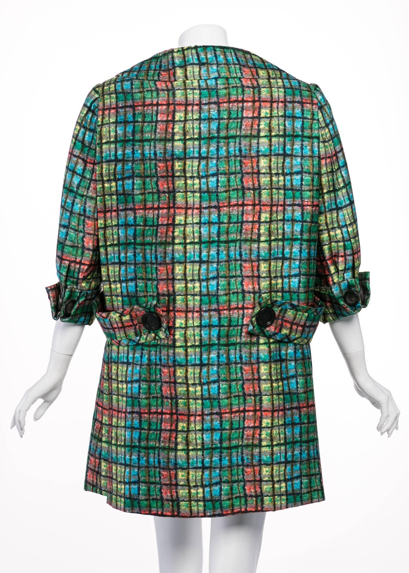 Women's James Galanos Couture Emerald Colorful Print Side Pleat Coat, 1970s  For Sale
