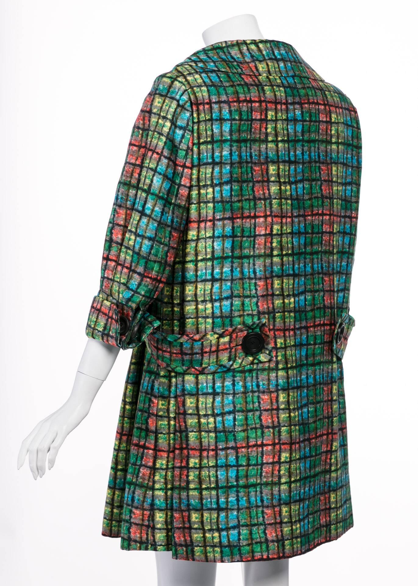 James Galanos Couture Emerald Colorful Print Side Pleat Coat, 1970s  For Sale 1