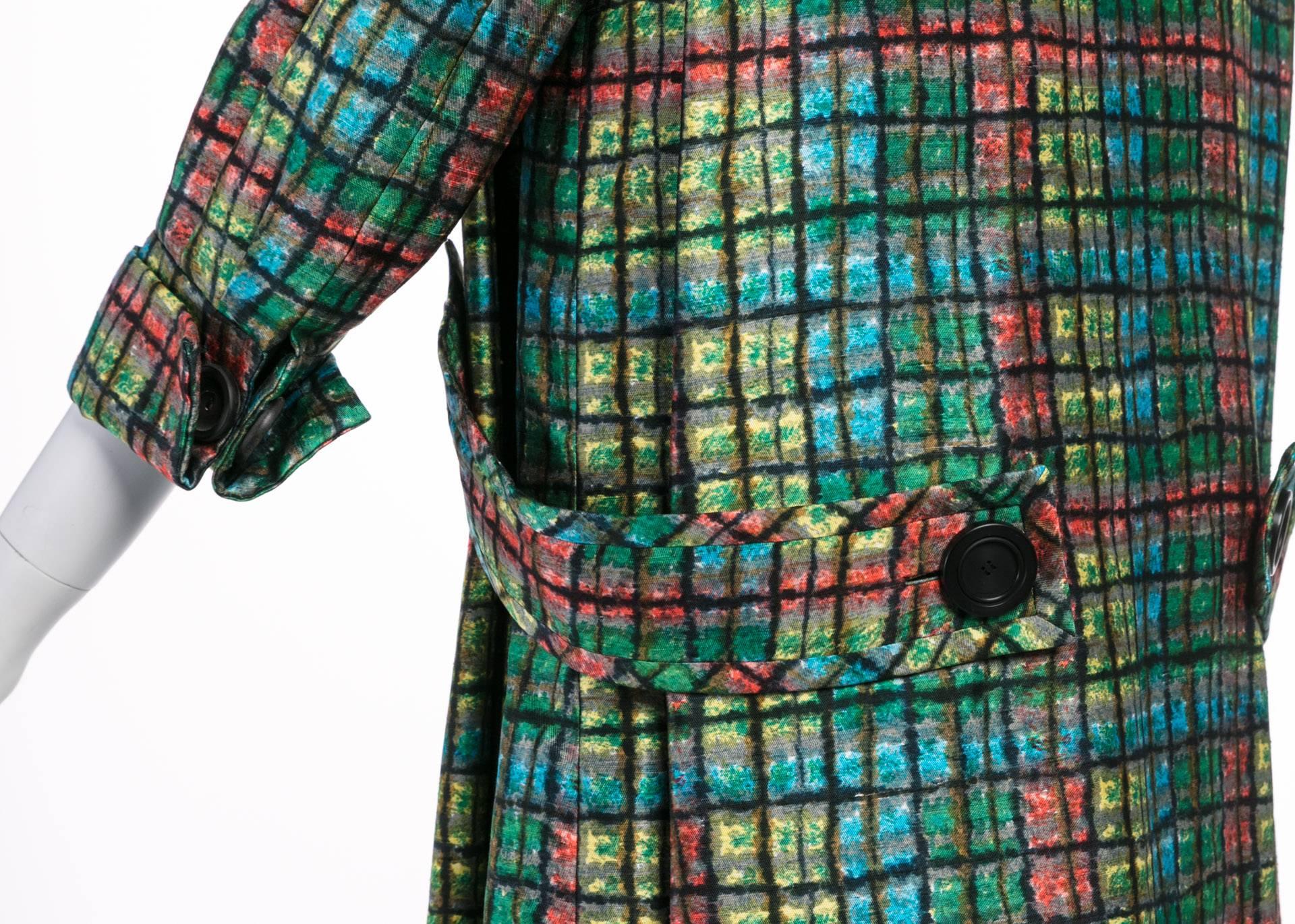 James Galanos Couture Emerald Colorful Print Side Pleat Coat, 1970s  For Sale 2