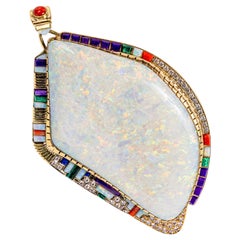Navajo 14K Gold Monumental Opal and Multi-stone Inlay Pendant, GIA Certified