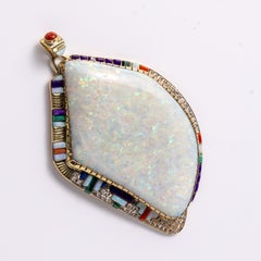 Navajo 14K Gold Monumental Opal and Multi-stone Inlay Pendant, GIA Certified