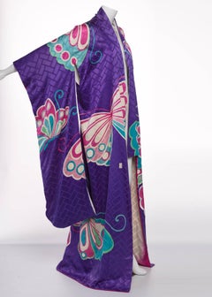Hanae Mori Couture Att Vintage Purple Silk Butterfly Kimono, 1970s