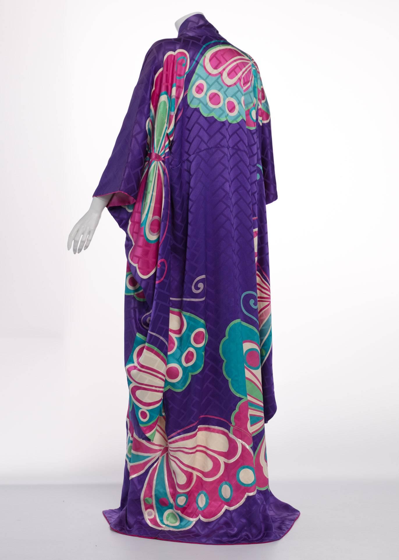 Hanae Mori Couture Att Vintage Purple Silk Butterfly Kimono, 1970s   1