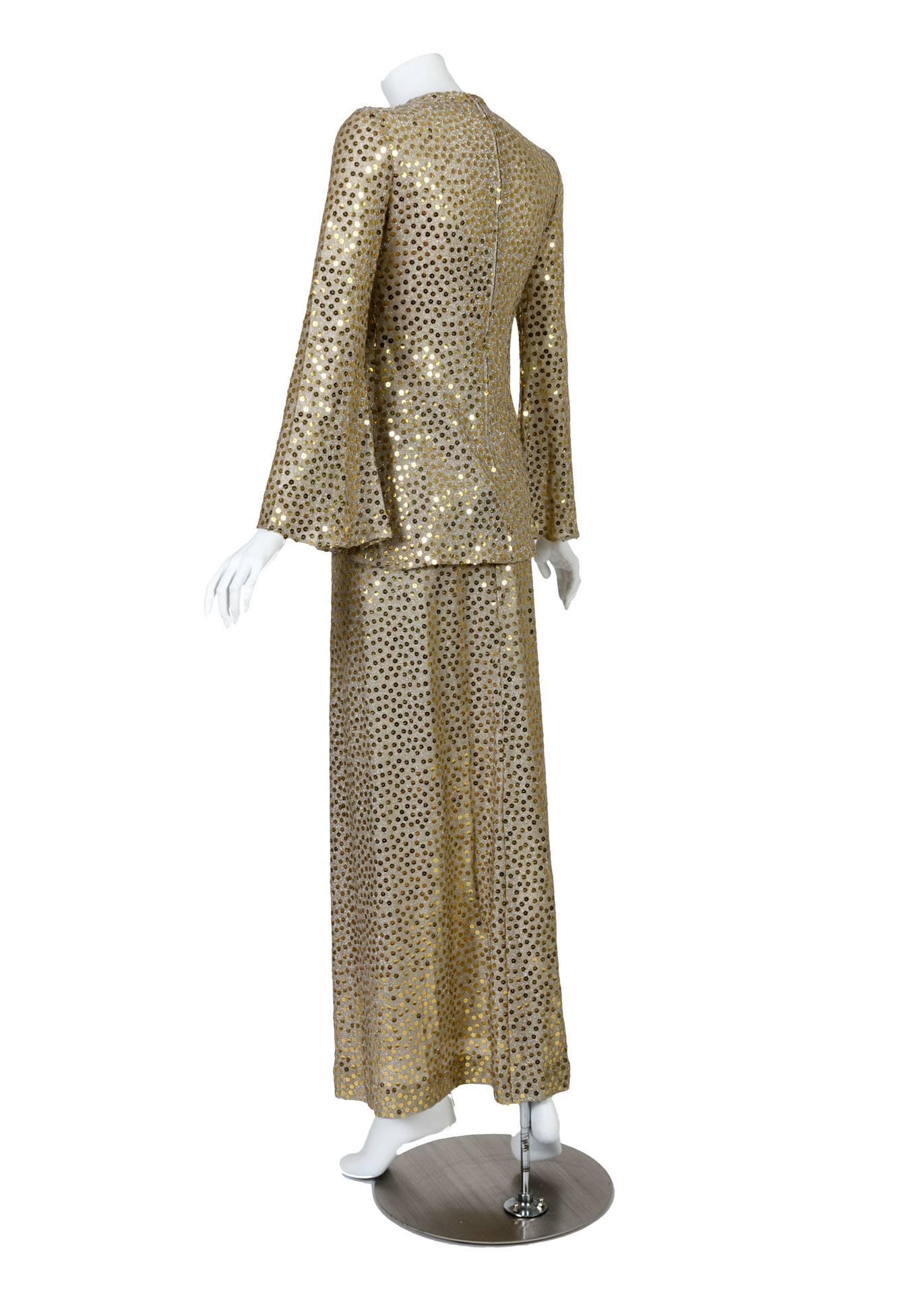 Brown 1970s Mollie Parnis Lurex and Sequin Gold Tunic Maxi Skirt Shawl Set Documented