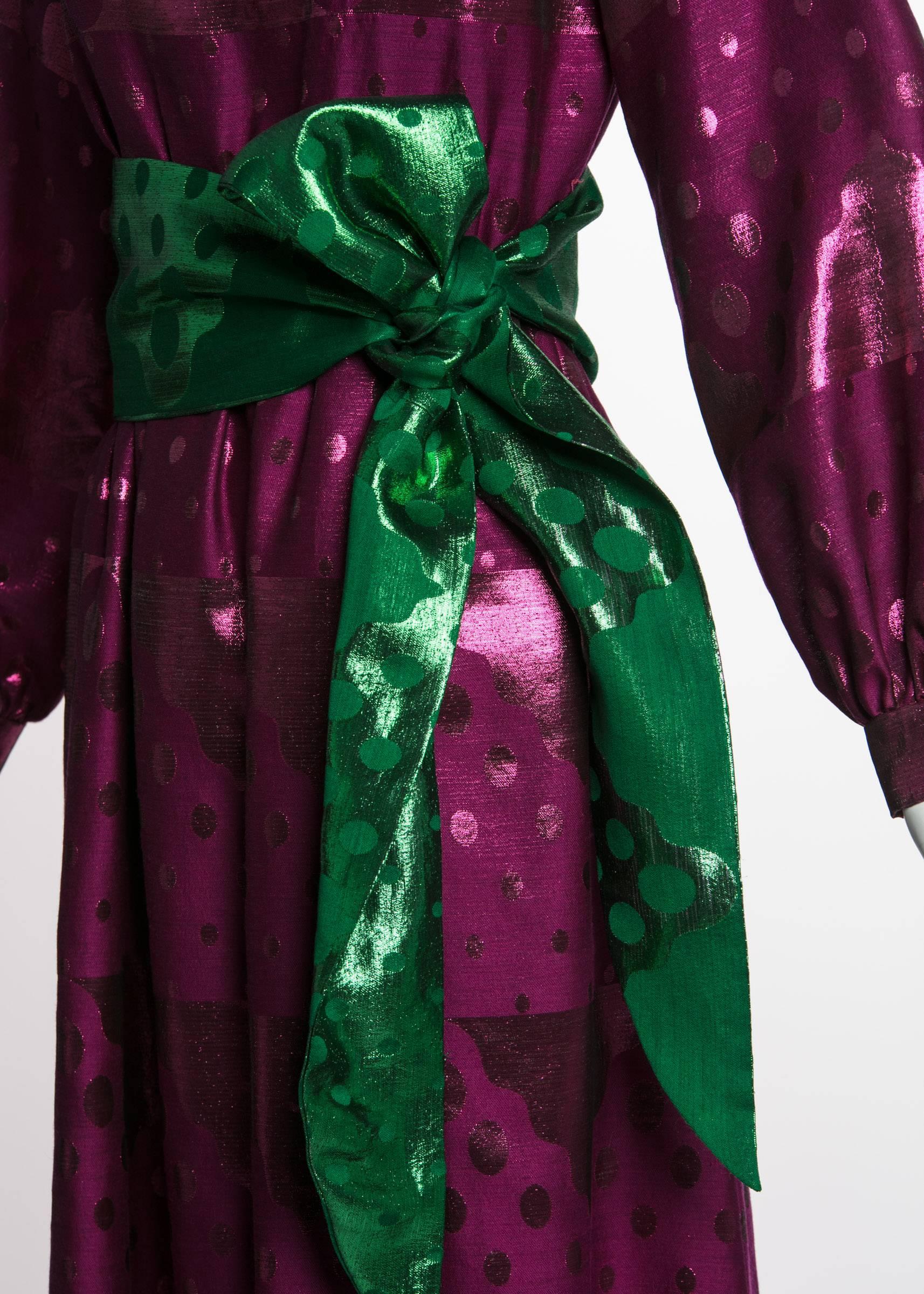 Green 1960s Oscar de la Renta Silk Brocade Purple Emerald Metallic Belt Maxi Dress