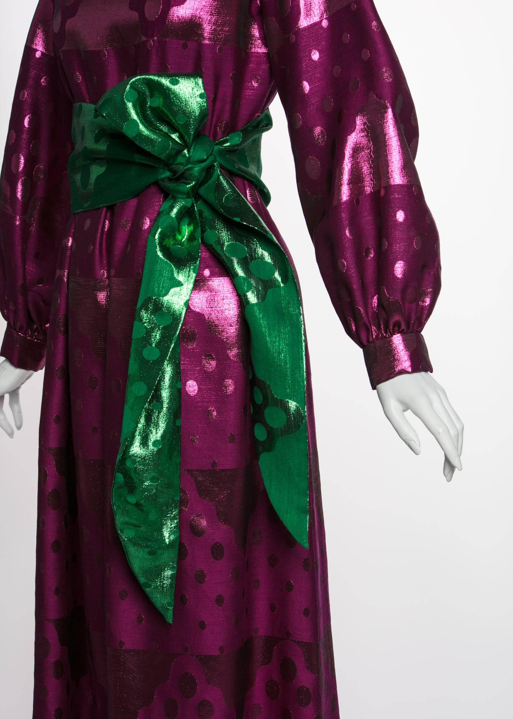 1960s Oscar de la Renta Silk Brocade Purple Emerald Metallic Belt Maxi Dress In Excellent Condition In Boca Raton, FL