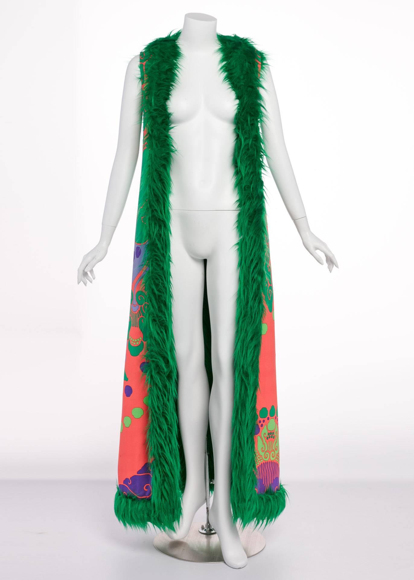 Women's Rare 1960s Leonard Paris Printed Silk Jersey Emerald Faux Fur Duster Maxi Vest