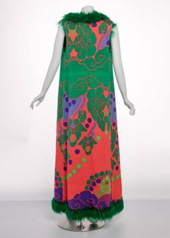 Rare 1960s Leonard Paris Printed Silk Jersey Emerald Faux Fur Duster Maxi Vest