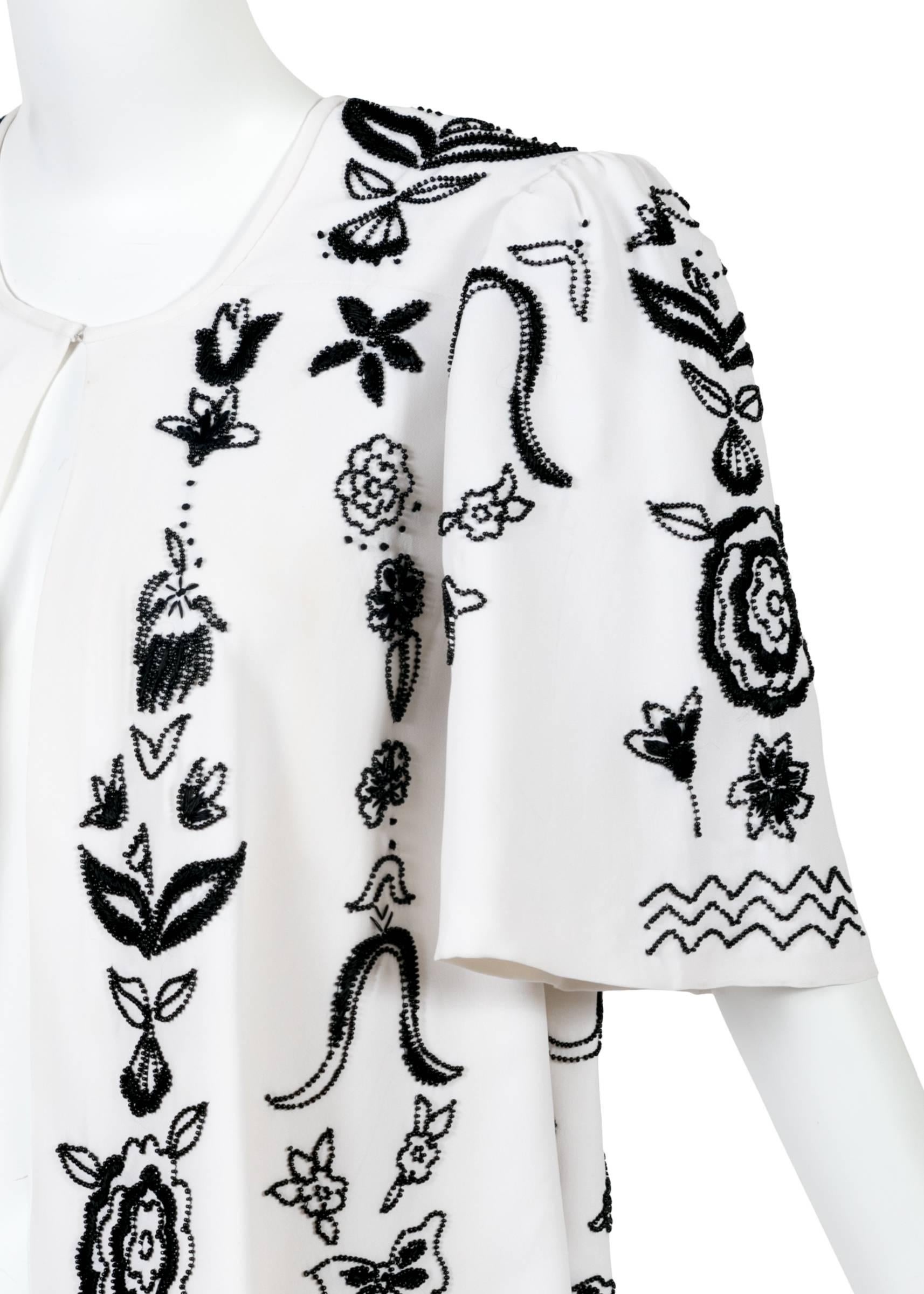 Women's Tiziani by Karl Lagerfeld White Silk Black Floral Embroidered Swing Coat, 1960s 