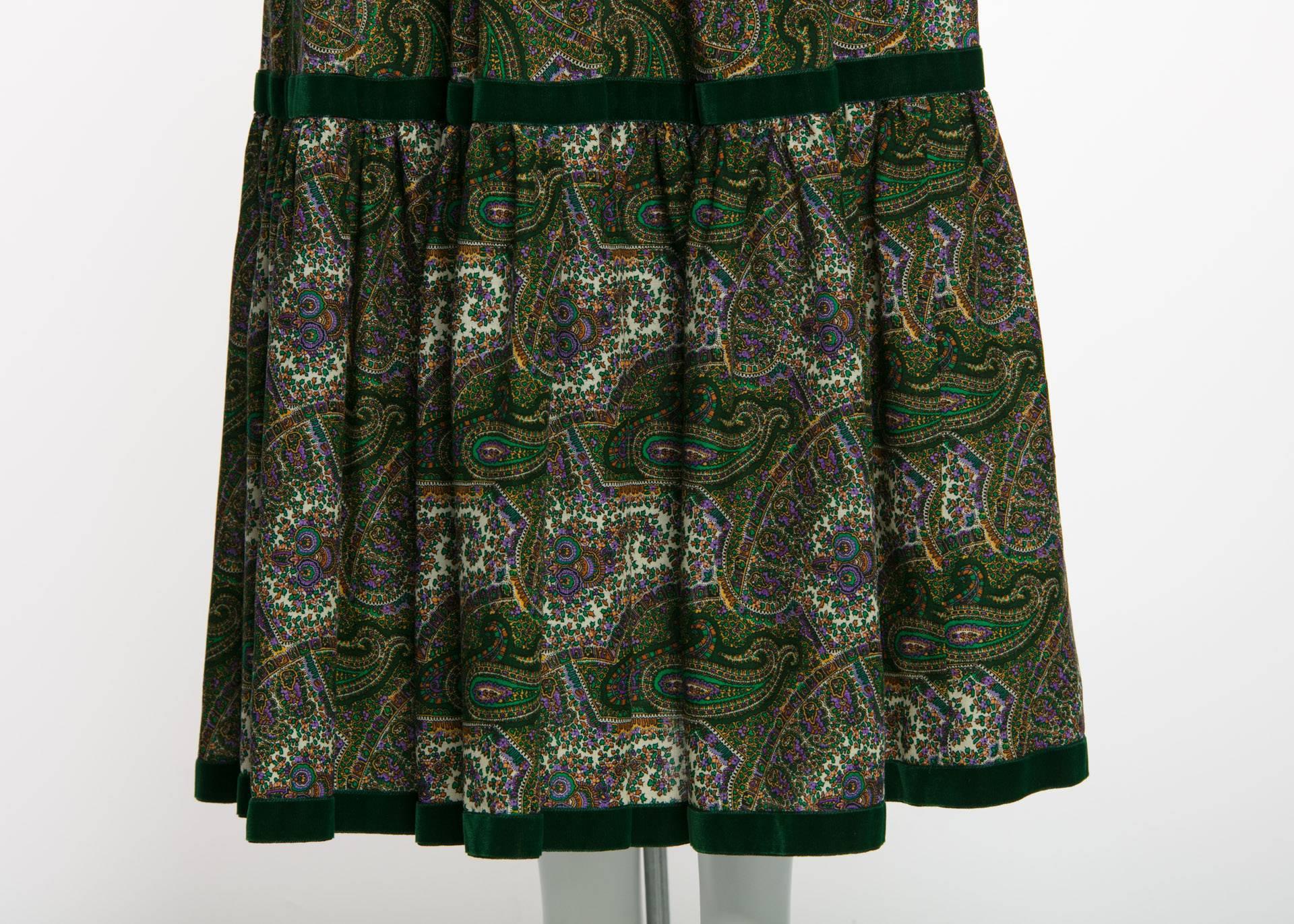 1970s Yves Saint Laurent YSL Green  Paisley Challis Wool Russian Peasant Skirt In Excellent Condition In Boca Raton, FL