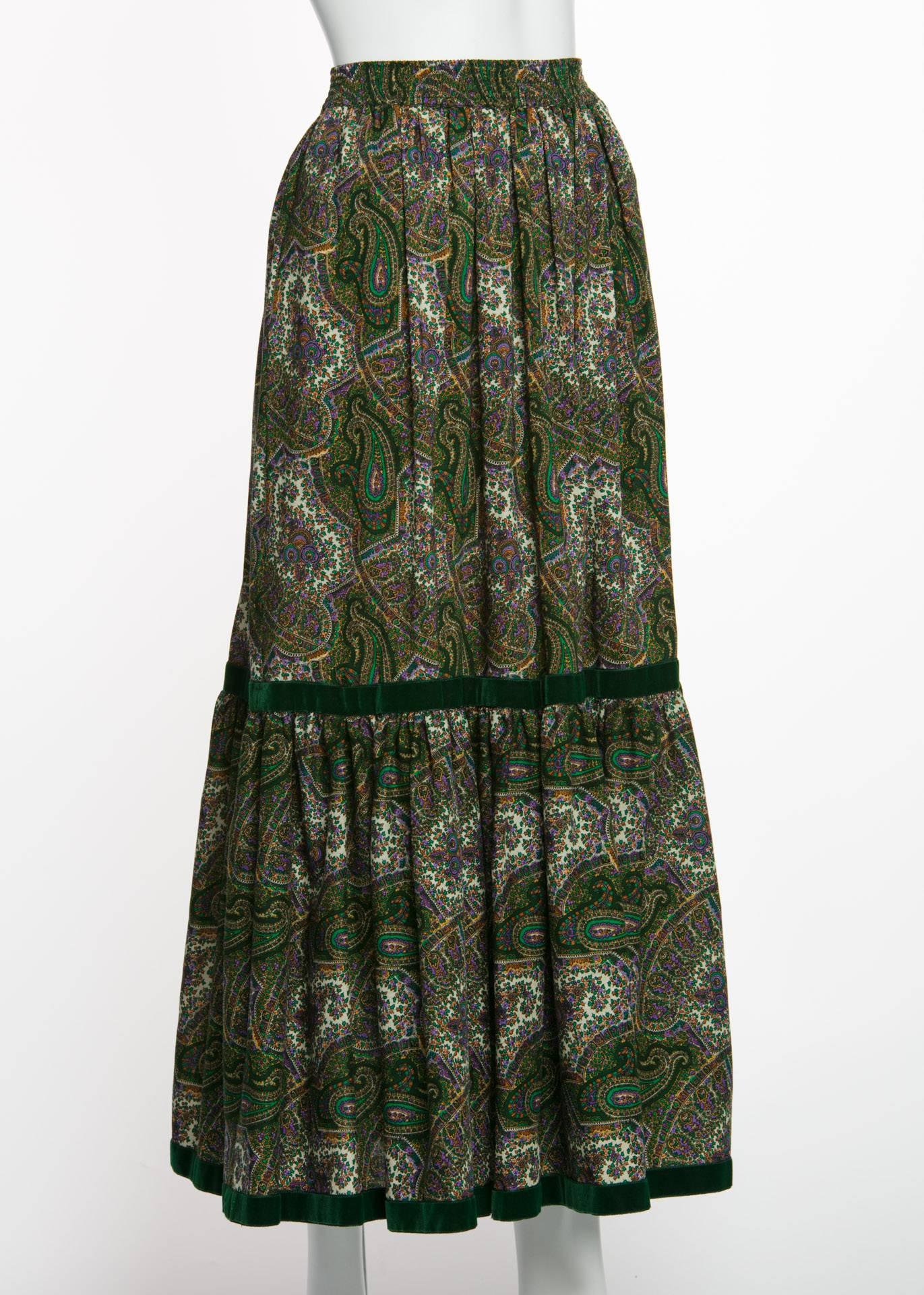 Black 1970s Yves Saint Laurent YSL Green  Paisley Challis Wool Russian Peasant Skirt