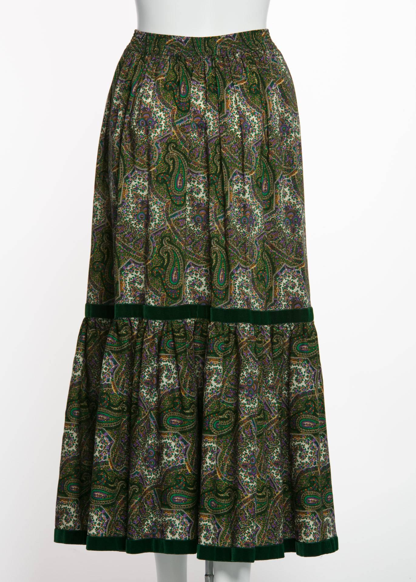 Women's 1970s Yves Saint Laurent YSL Green  Paisley Challis Wool Russian Peasant Skirt