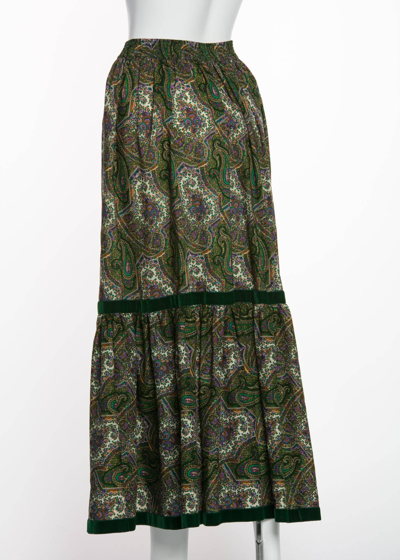 1970s Yves Saint Laurent YSL Green  Paisley Challis Wool Russian Peasant Skirt 1
