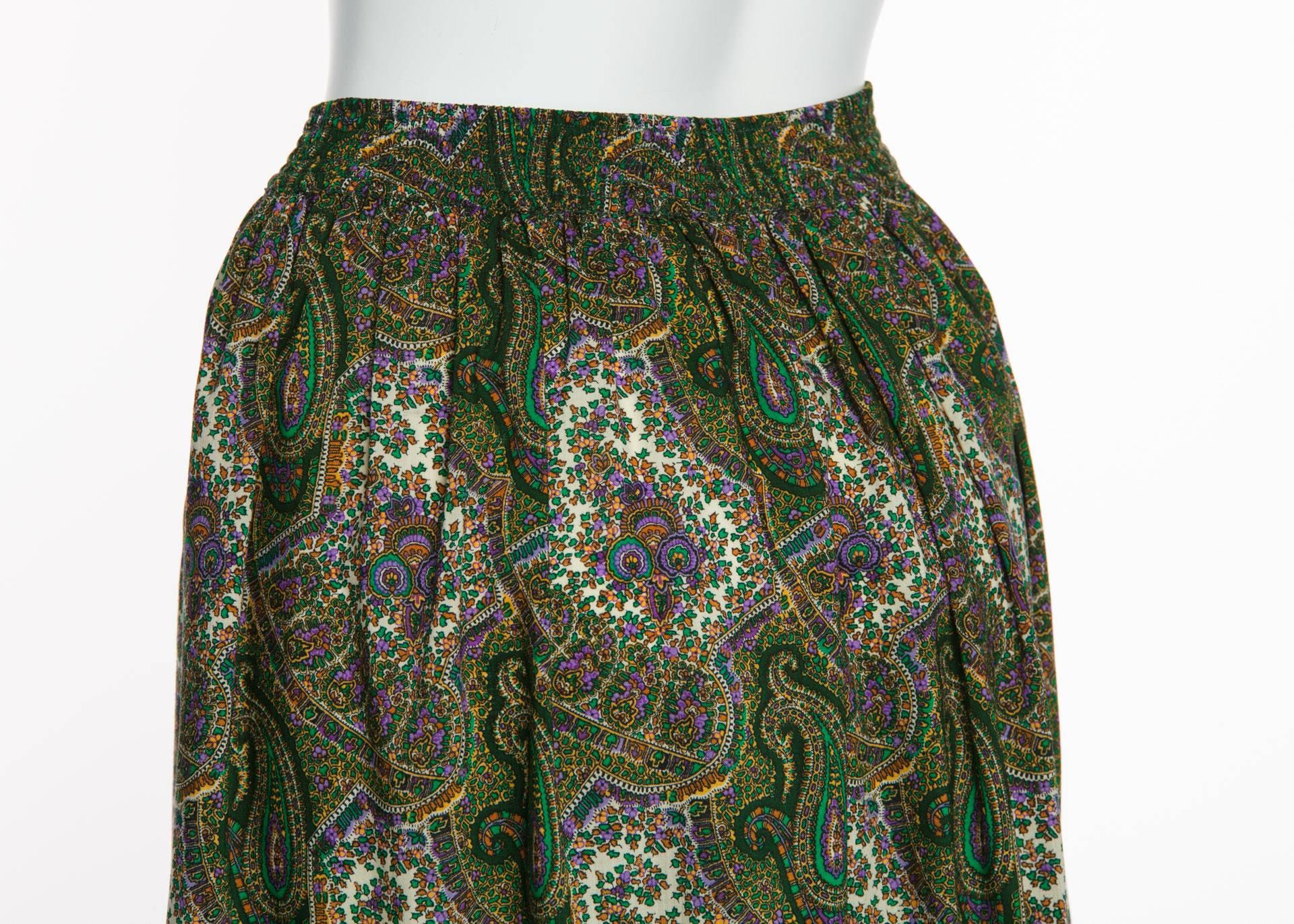 1970s Yves Saint Laurent YSL Green  Paisley Challis Wool Russian Peasant Skirt 2