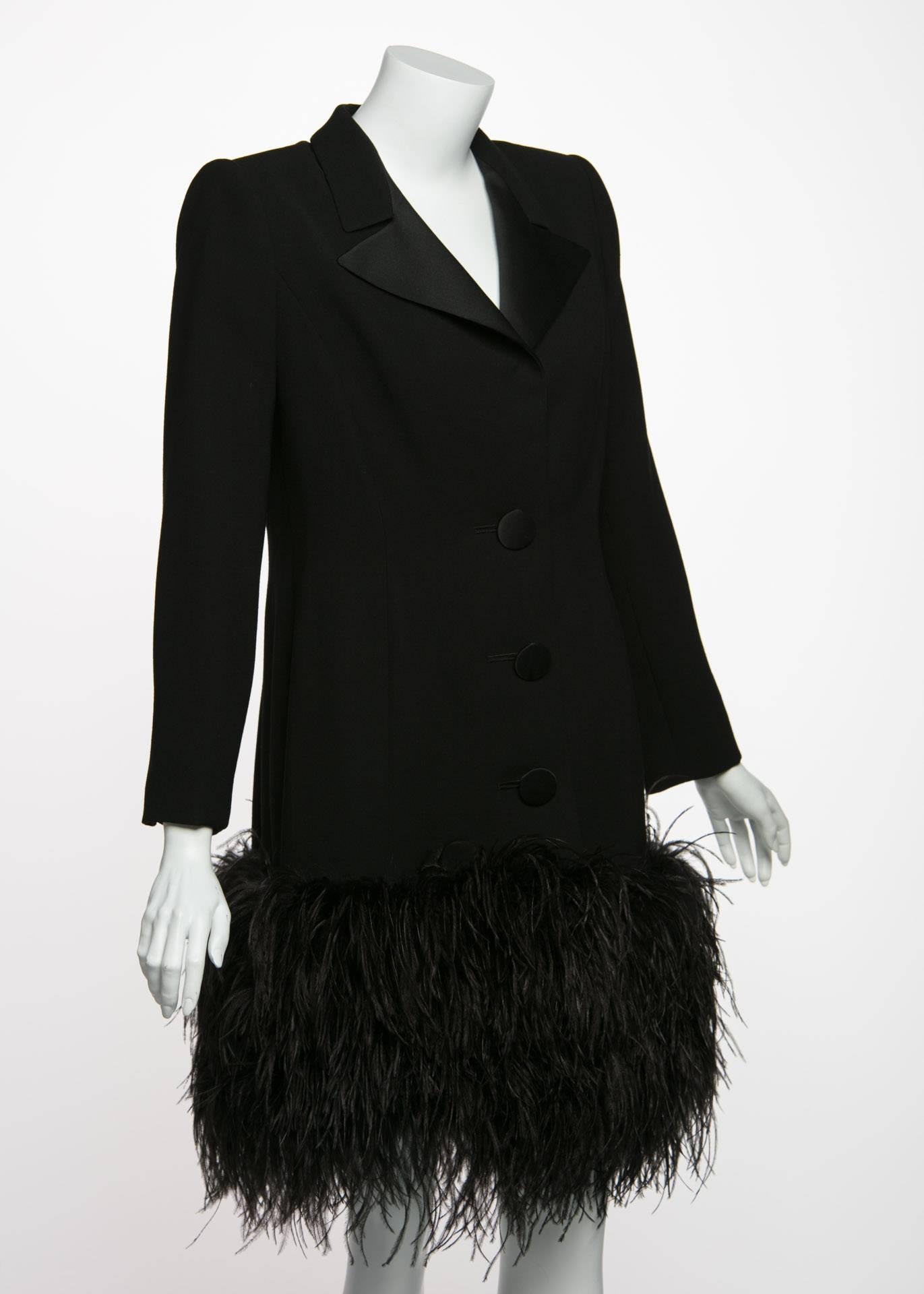 1980s Galanos Couture Black Wool Satin Lapels Feather Coat  In Excellent Condition In Boca Raton, FL