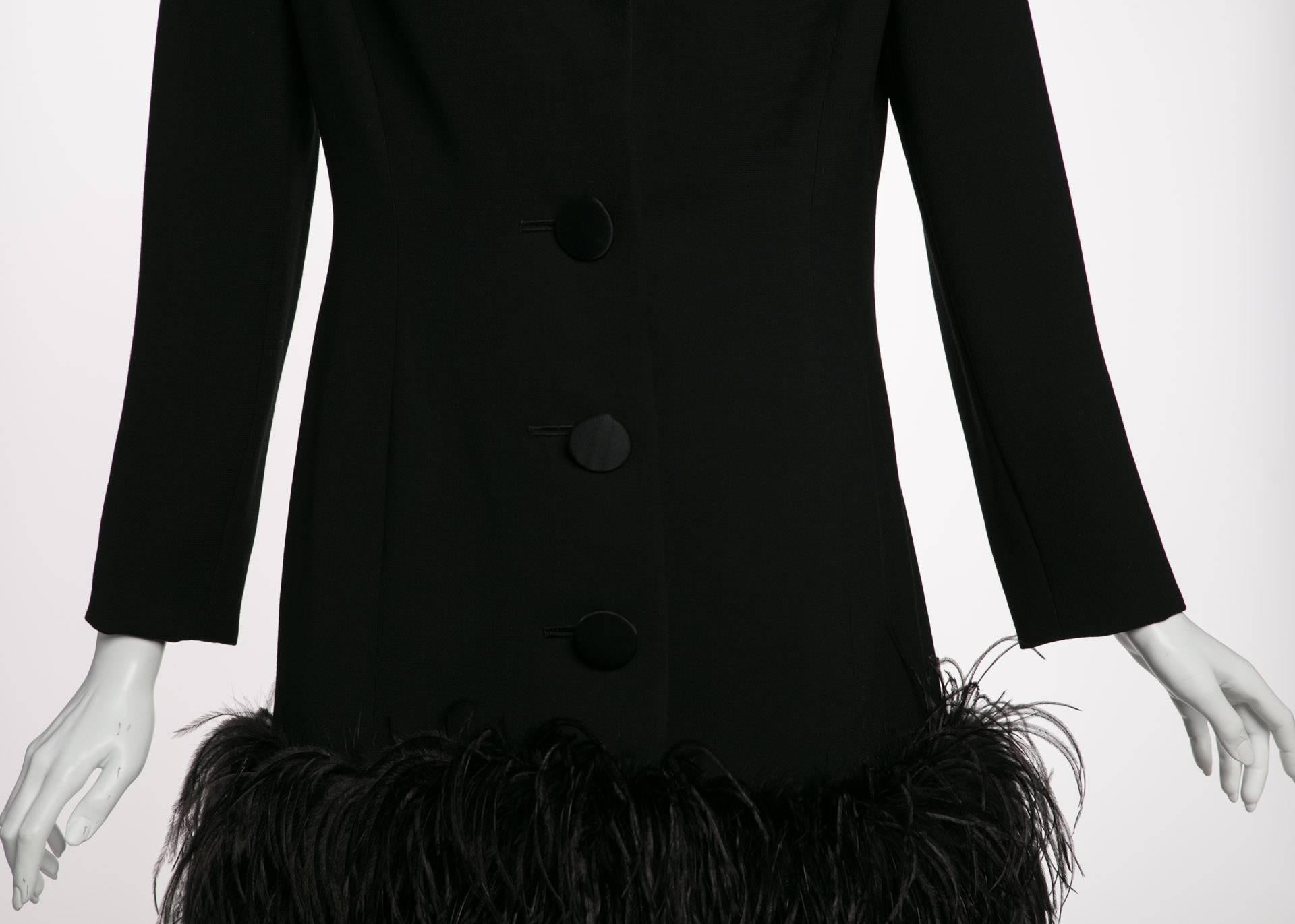 1980s Galanos Couture Black Wool Satin Lapels Feather Coat  3