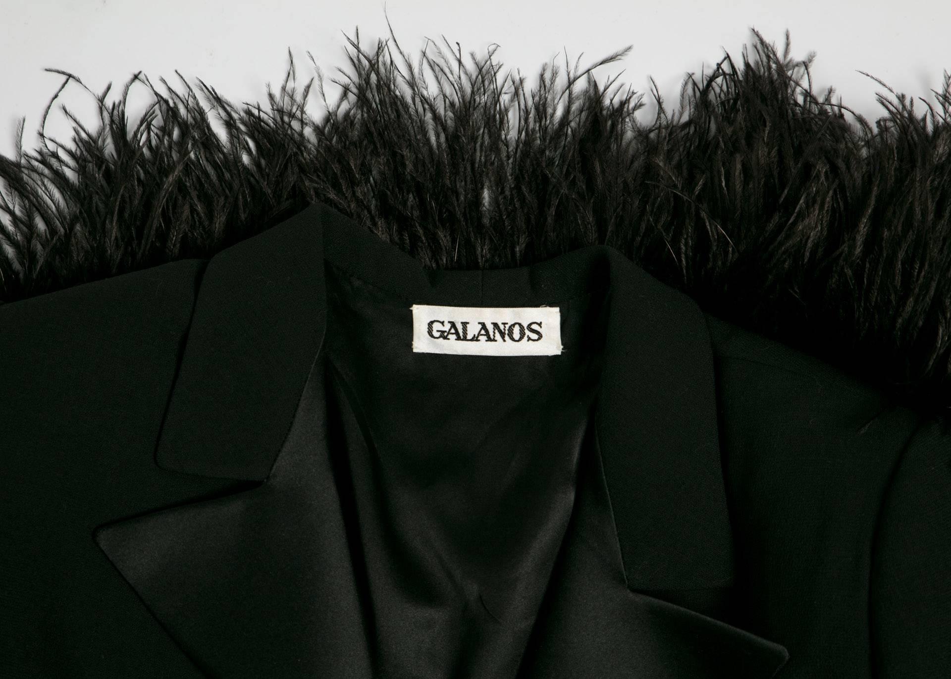 1980s Galanos Couture Black Wool Satin Lapels Feather Coat  4