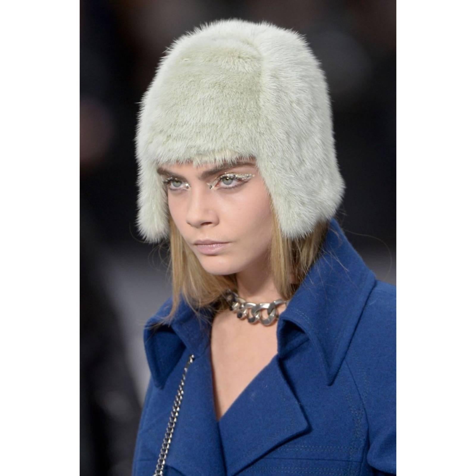 Gray 2013 Chanel Fall Runway Silver Green Fox Fur Helmut Hat