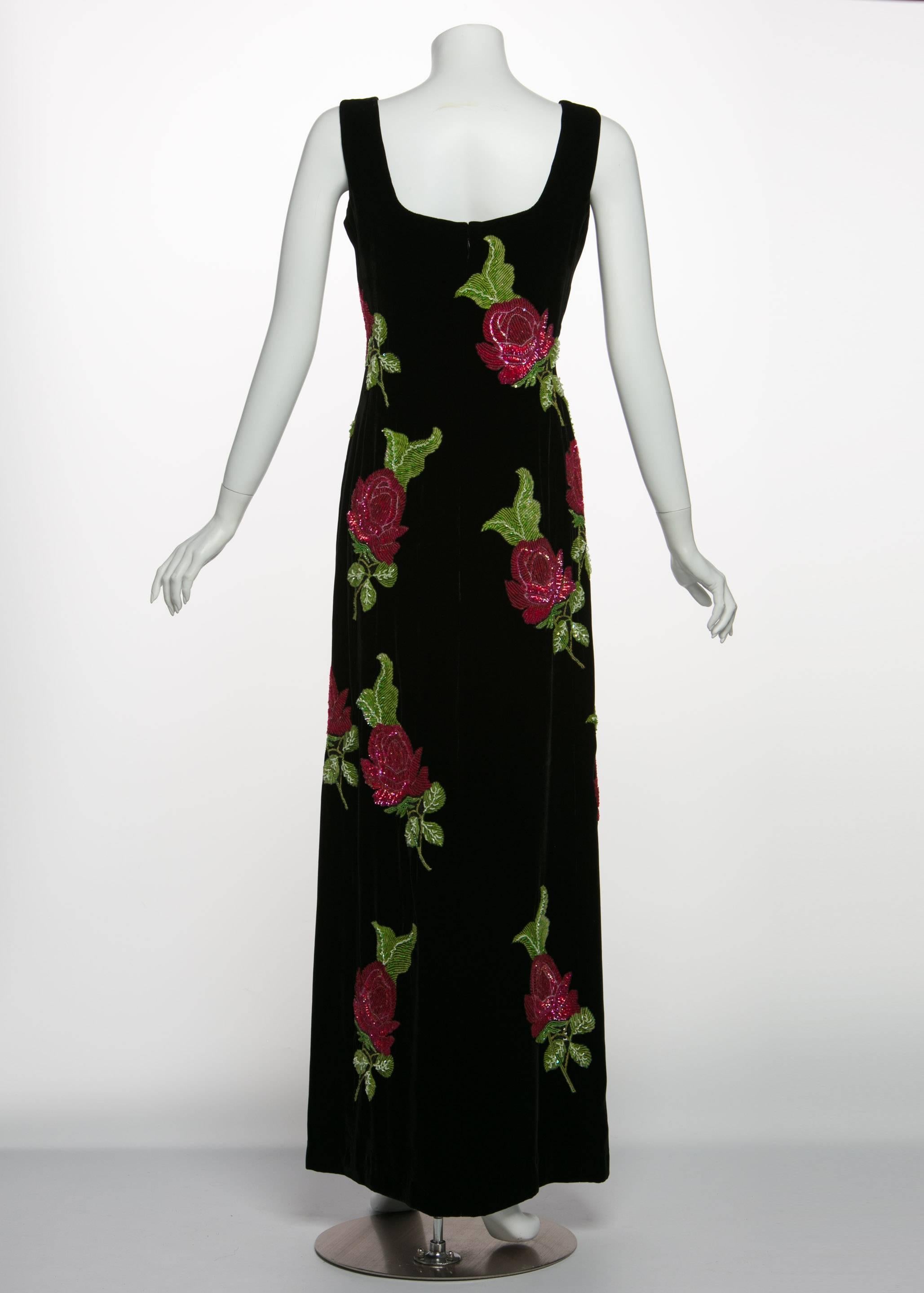 Women's 1990s Giorgio Armani  Black Velvet Hand Sequined Beaded Roses Evening Dress