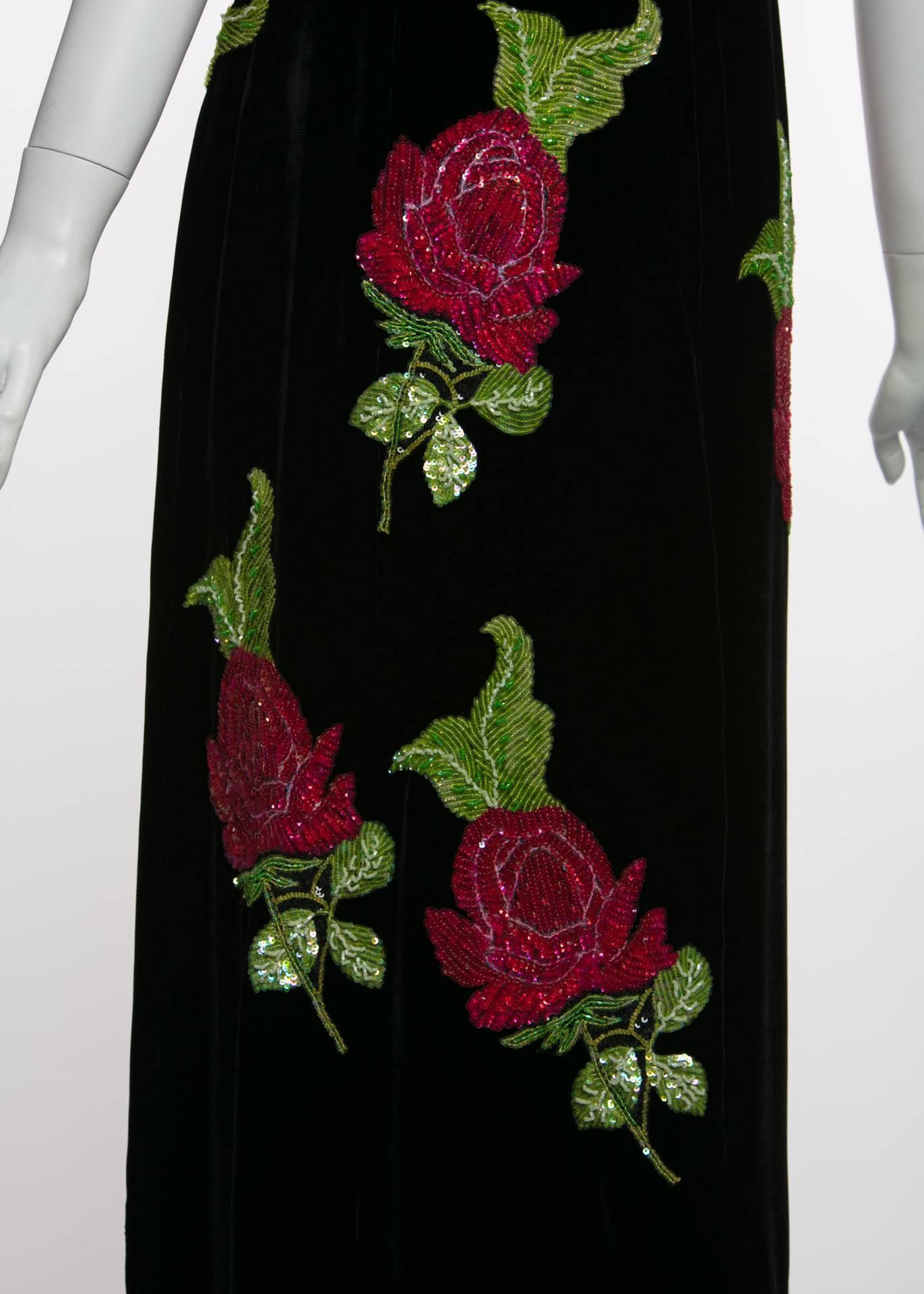1990s Giorgio Armani  Black Velvet Hand Sequined Beaded Roses Evening Dress 1