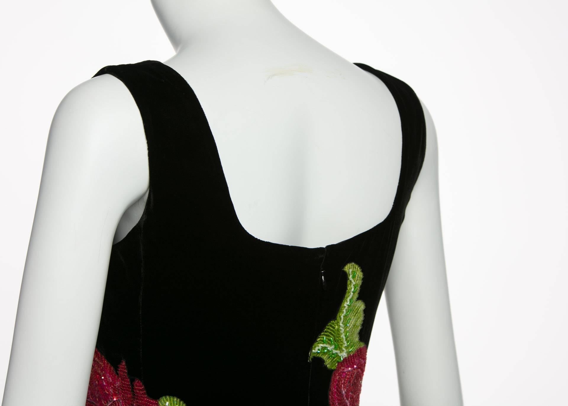 1990s Giorgio Armani  Black Velvet Hand Sequined Beaded Roses Evening Dress 2
