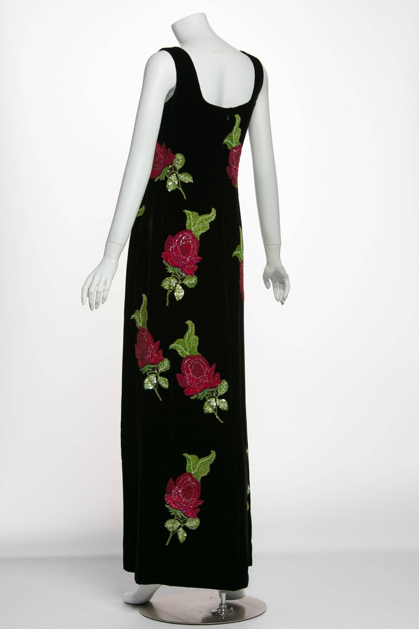 1990s Giorgio Armani  Black Velvet Hand Sequined Beaded Roses Evening Dress In Excellent Condition In Boca Raton, FL